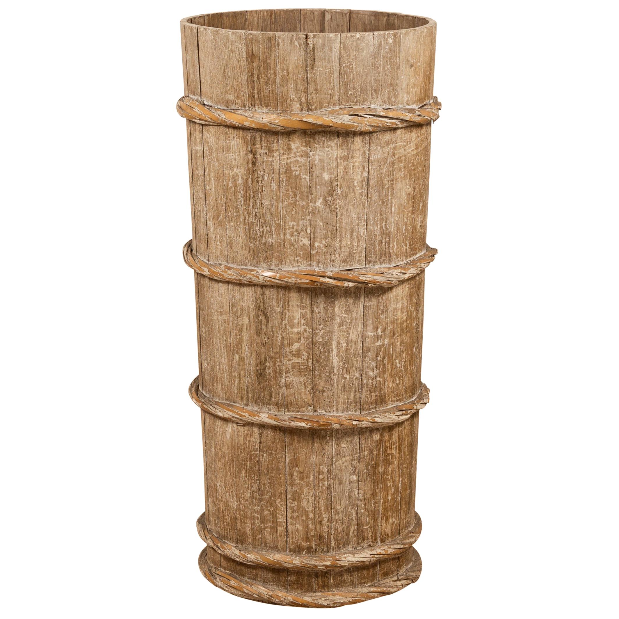 Tall Vintage Rustic Wooden Barrel with Slatted Body and Rope-Style Motifs For Sale