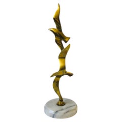 Tall Vintage Stacked Brass Seagull Sculpture on Marble Base