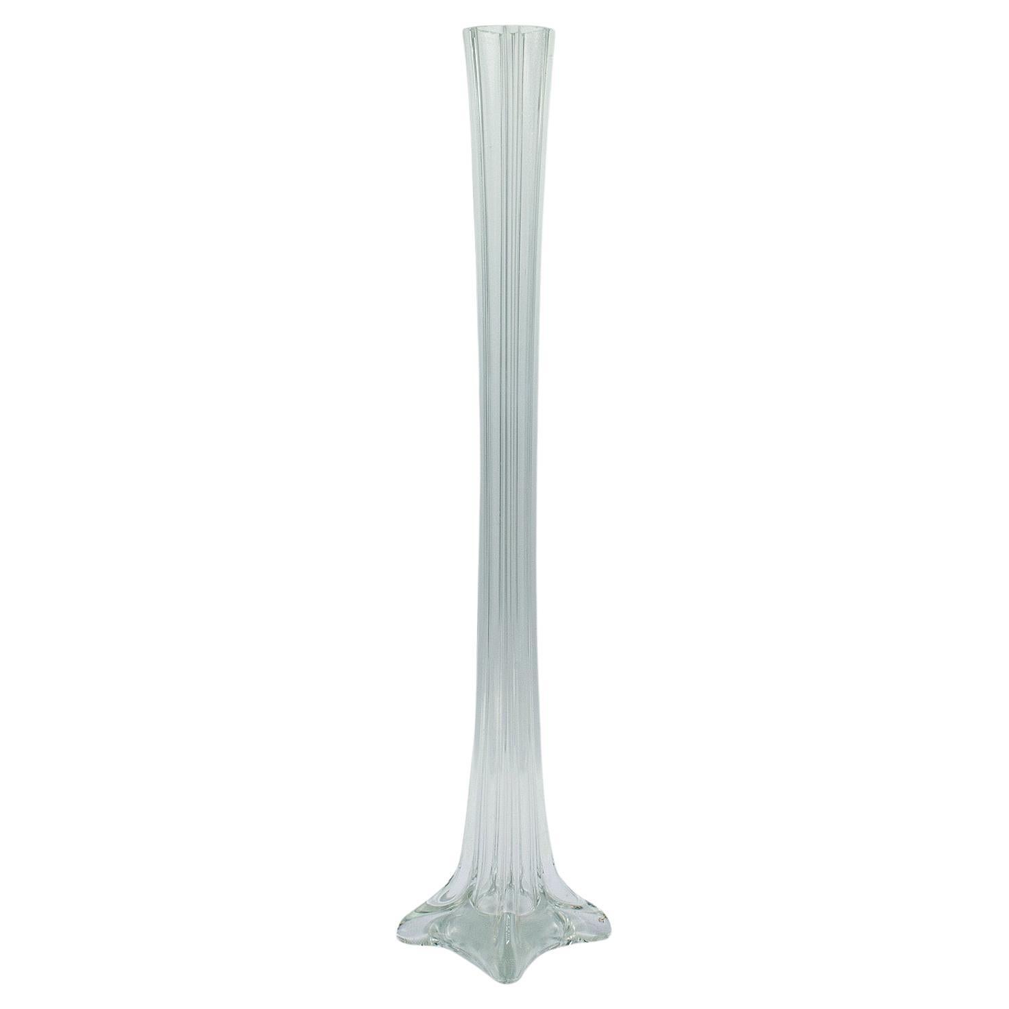 Jarrón Vintage Alto, Francés, Vidrio, Manga Acanalada, Flor, Mediados Siglo, 1950