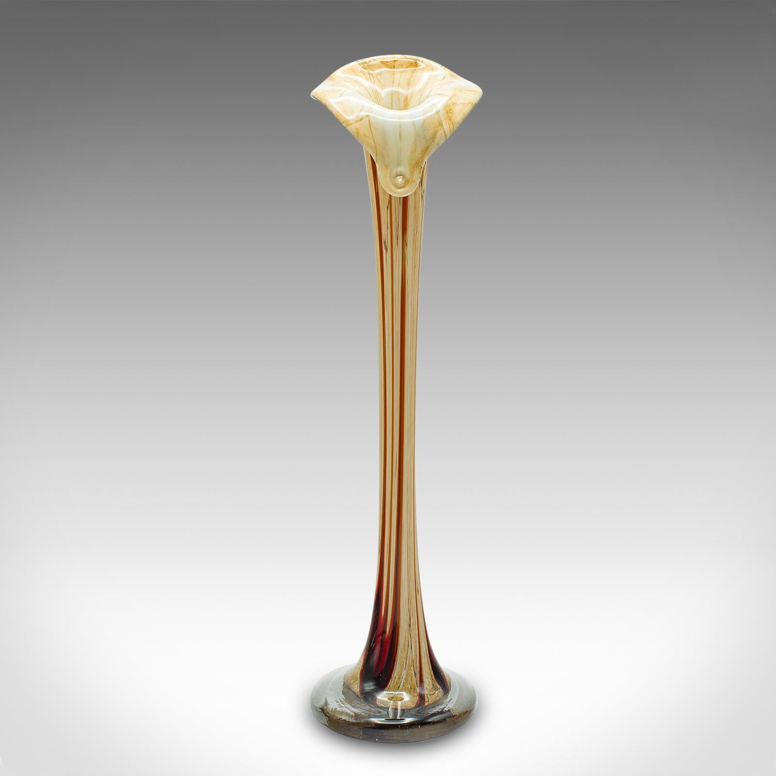 This is a tall vintage slender stem vase. An Italian, Murano glass flower sleeve, dating to the mid century, circa 1960.

Fascinating lily form with a distinctive colour palette
Displays a desirable aged patina and in good order
Blown art glass with