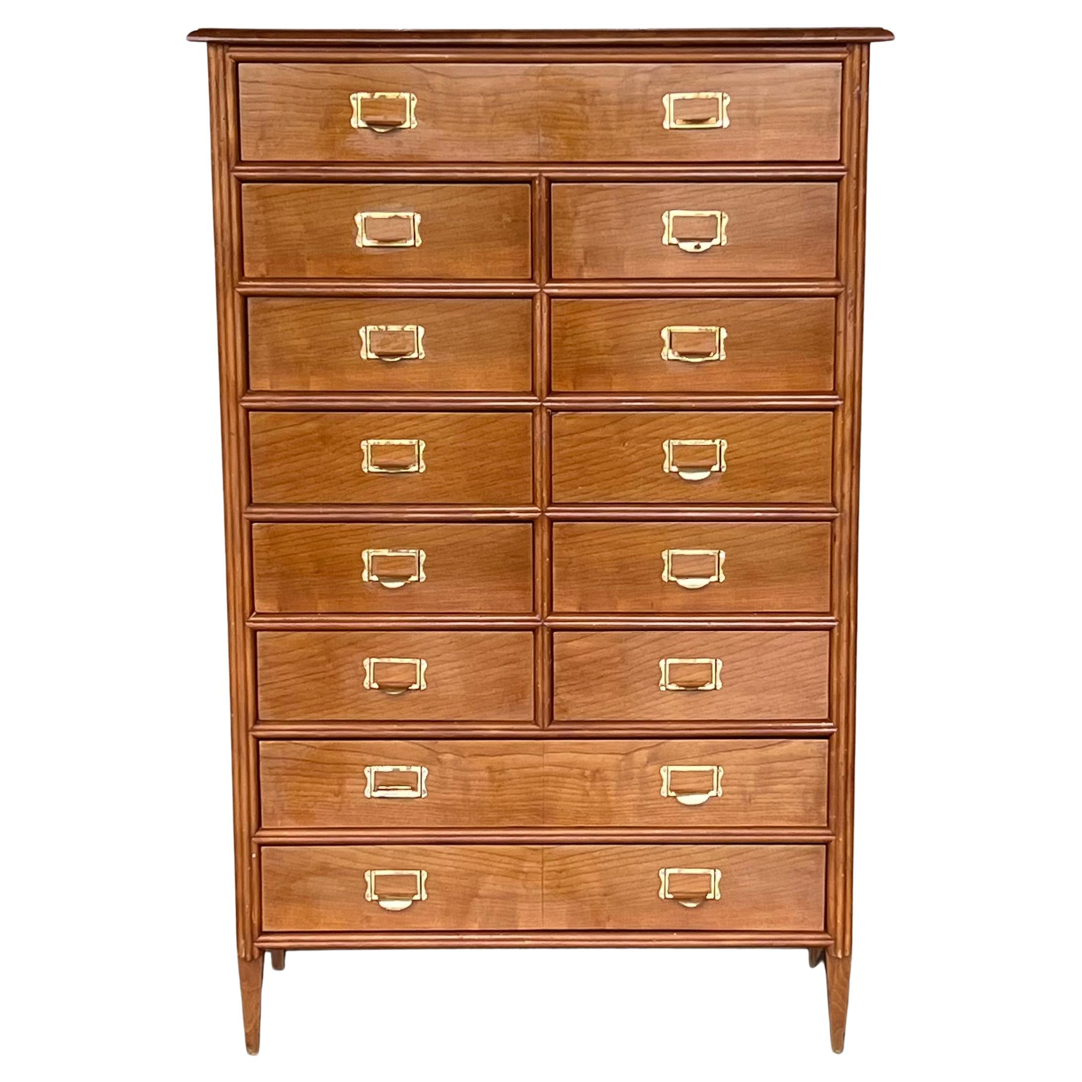 Tall Vintage Tall Teak Wood Campaign Highboy Chest in Style of Bernhardt