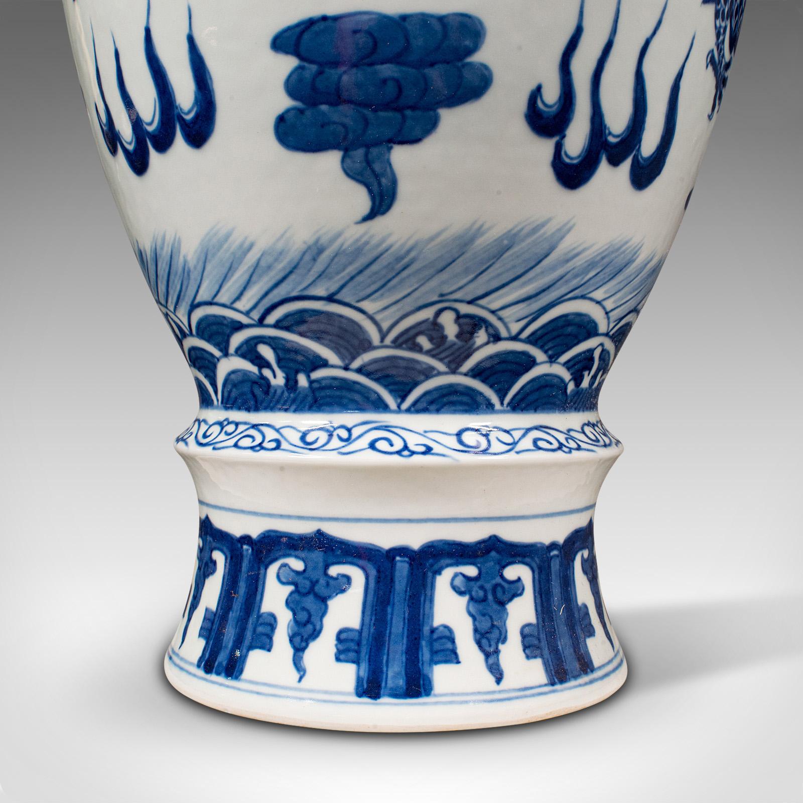 Tall Vintage White & Blue Vase, Chinese, Ceramic, Decorative, Flower, Art Deco For Sale 7
