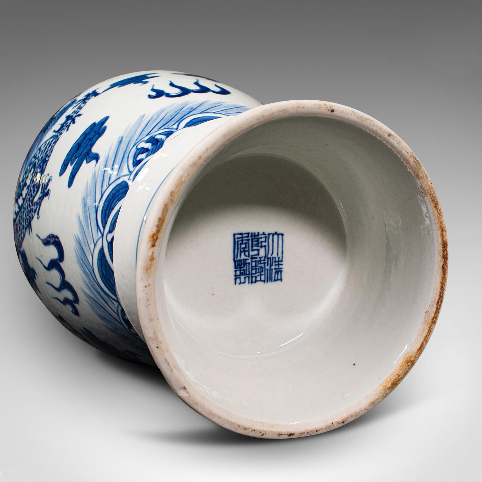 Tall Vintage White & Blue Vase, Chinese, Ceramic, Decorative, Flower, Art Deco For Sale 8
