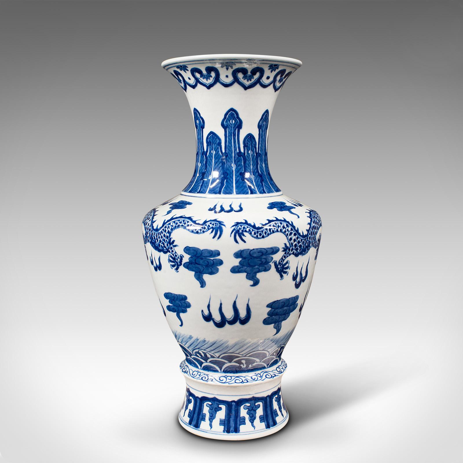 Tall Vintage White & Blue Vase, Chinese, Ceramic, Decorative, Flower, Art Deco For Sale 1