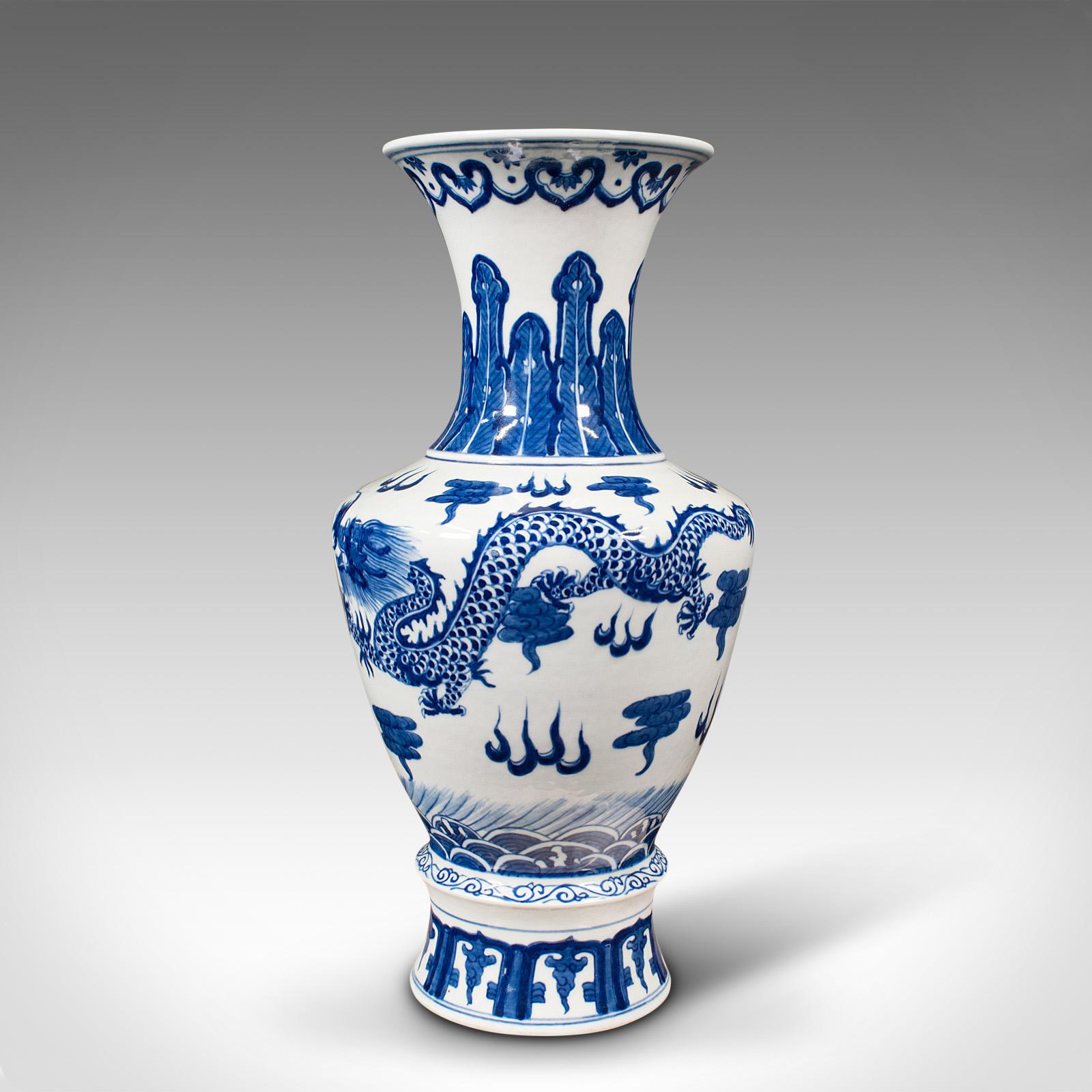 Tall Vintage White & Blue Vase, Chinese, Ceramic, Decorative, Flower, Art Deco For Sale 2