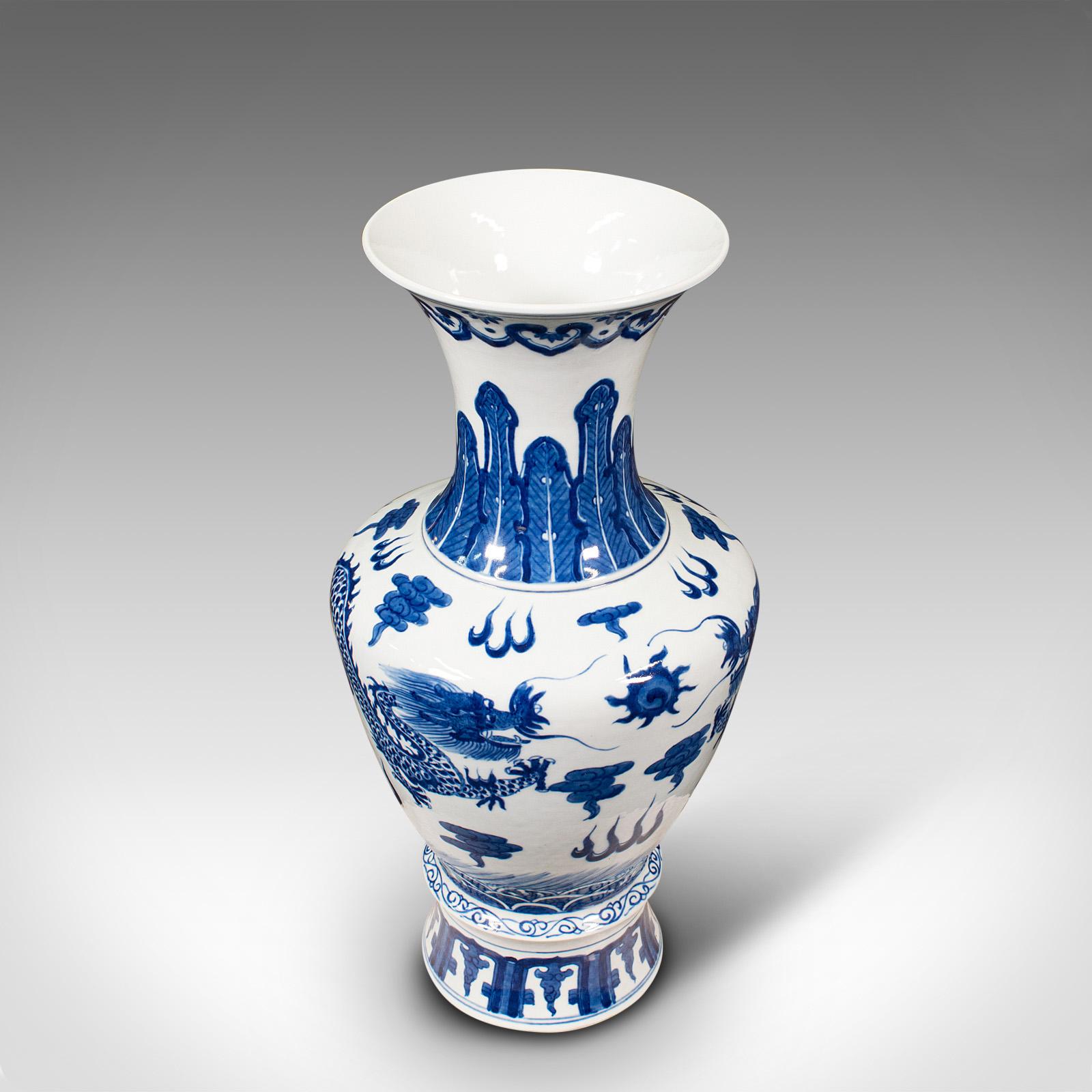 Tall Vintage White & Blue Vase, Chinese, Ceramic, Decorative, Flower, Art Deco For Sale 3