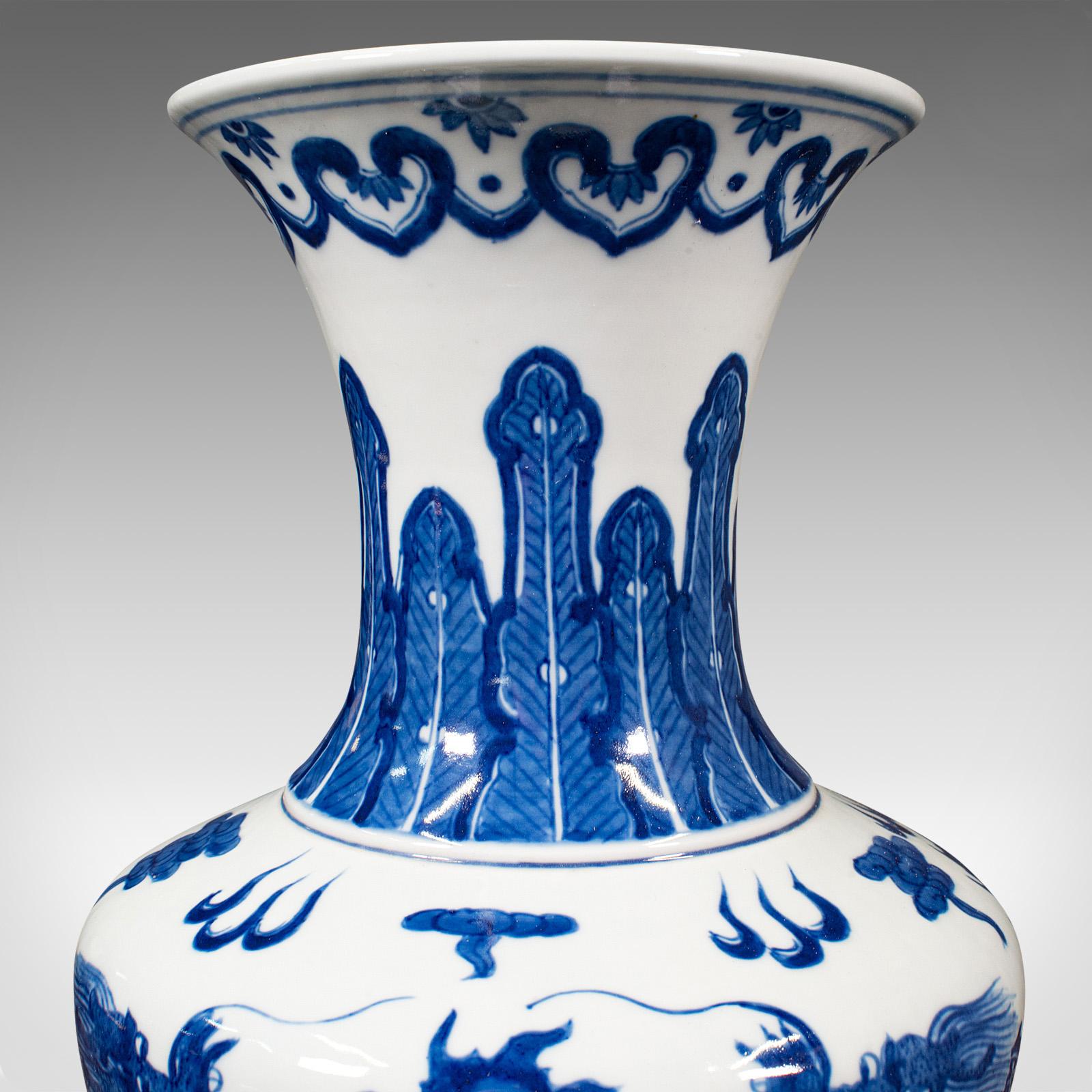 Tall Vintage White & Blue Vase, Chinese, Ceramic, Decorative, Flower, Art Deco For Sale 4