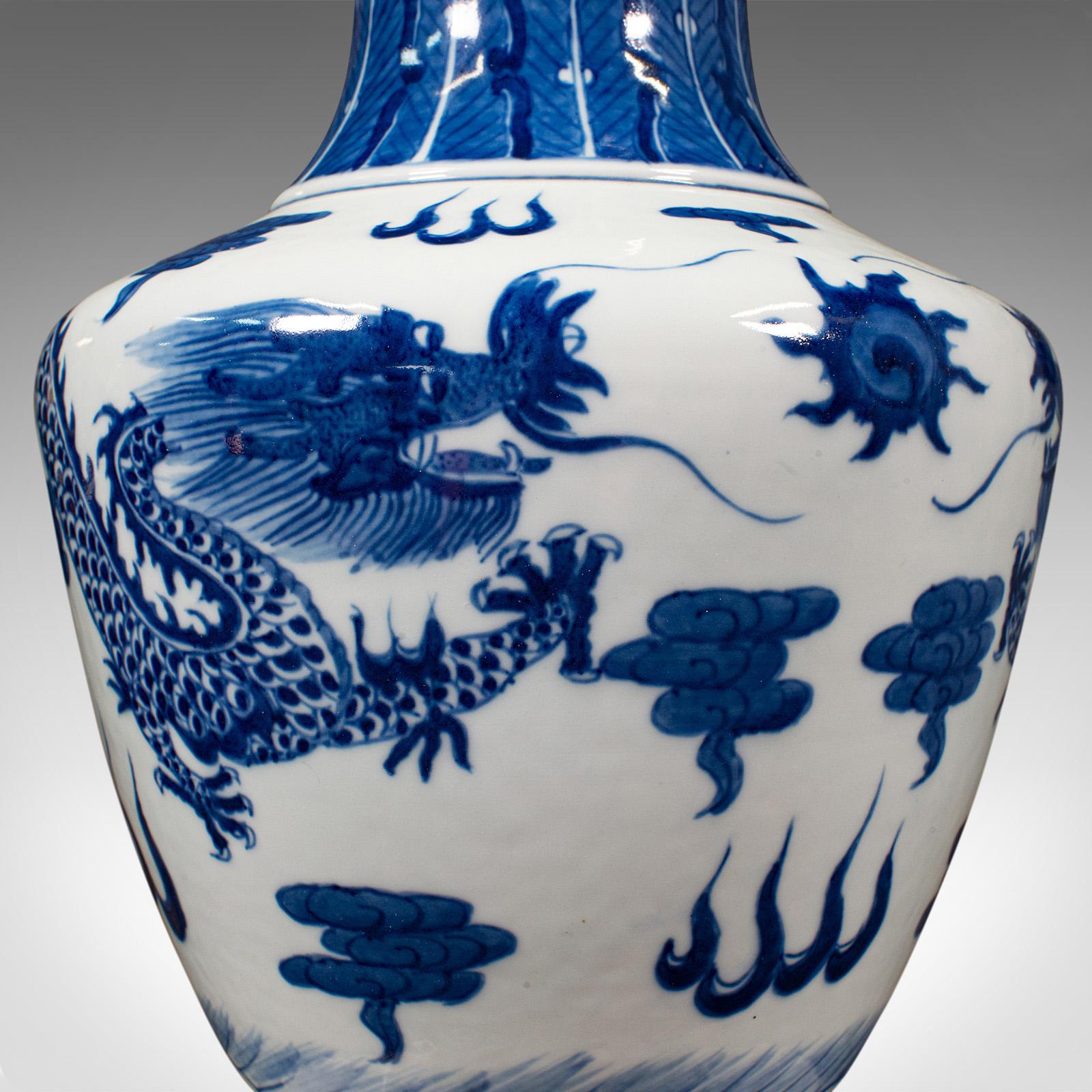 Tall Vintage White & Blue Vase, Chinese, Ceramic, Decorative, Flower, Art Deco For Sale 5