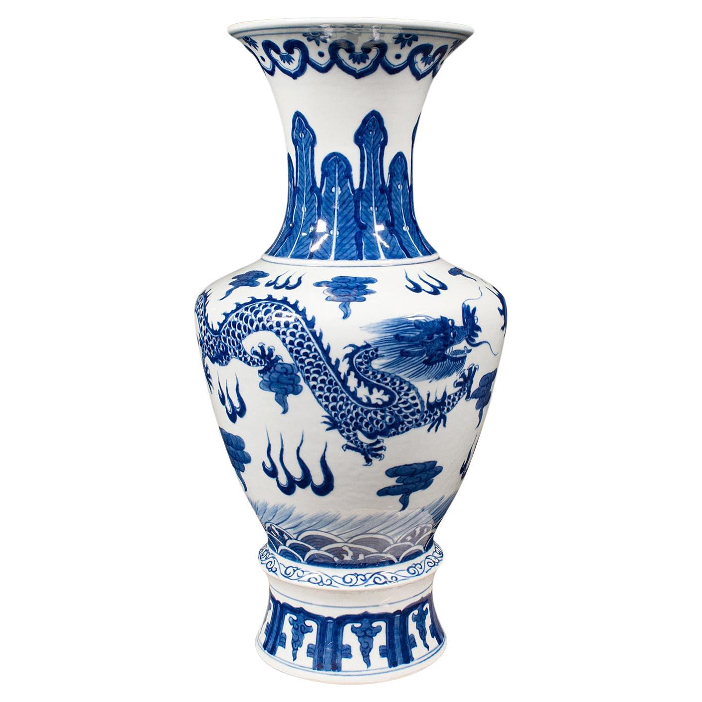 Tall Vintage White & Blue Vase, Chinese, Ceramic, Decorative, Flower, Art Deco For Sale