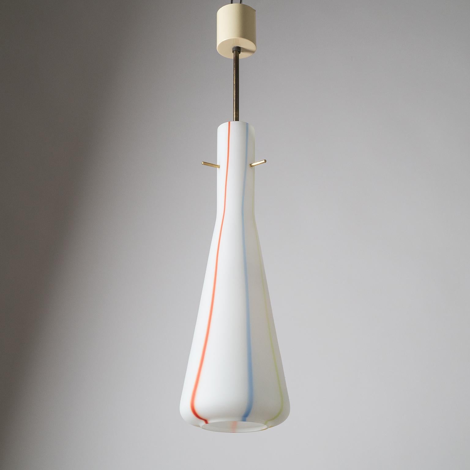 Tall murano glass ceiling light from the 1960s attributed to Vistosi. Long conical 'triplex opal' glass diffuser with colored glass stripes. Glass height is approximately 19inches/48cm. One brass and ceramic E27 socket with new wiring.