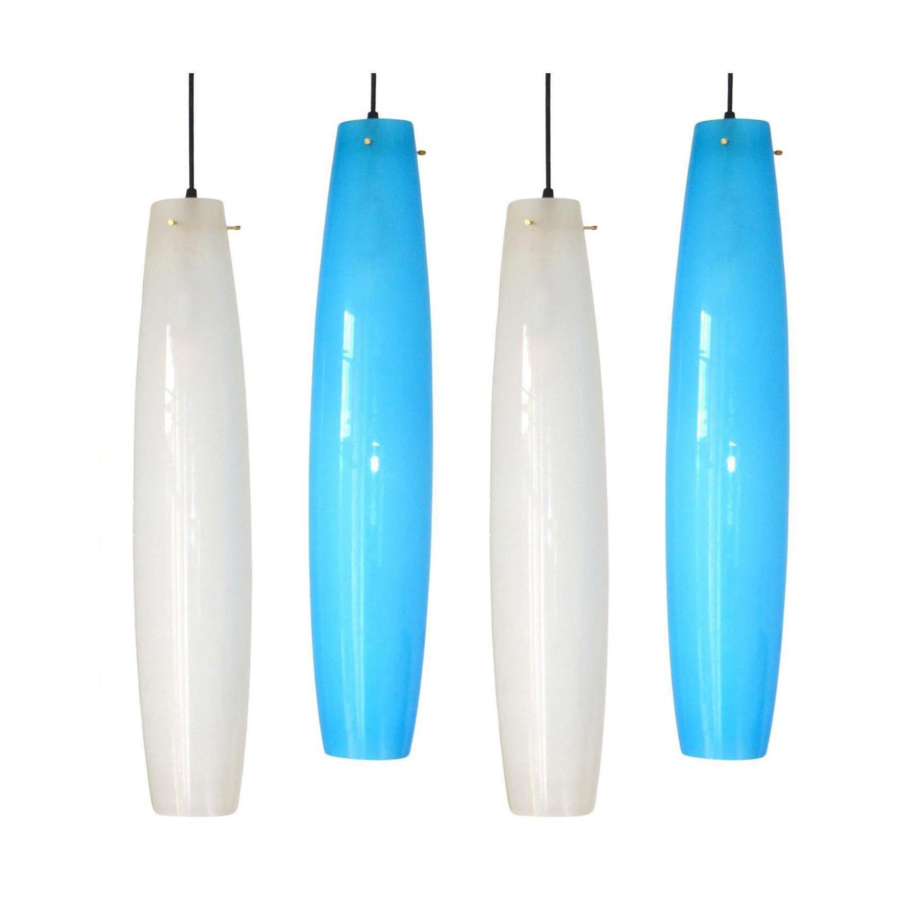 Mid-Century Modern Tall Vistosi Murano White and Blue Glass Pendants by Alessandro Pianon, 1960's For Sale