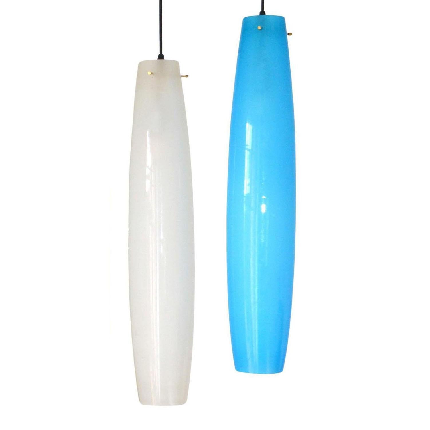 Tall Vistosi Murano White and Blue Glass Pendants by Alessandro Pianon, 1960's In Excellent Condition For Sale In London, GB
