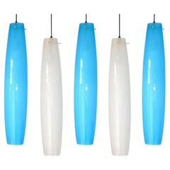 Tall Vistosi Murano White and Blue Glass Pendants by Alessandro Pianon, 1960's