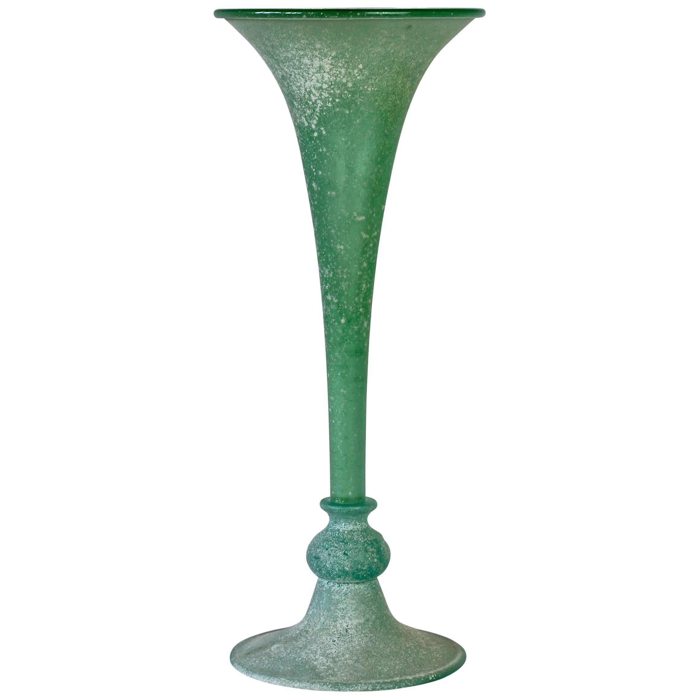 Tall Green 'A Scavo' Murano Glass Fluted Vase Attributed to Seguso Vetri d'Arte
