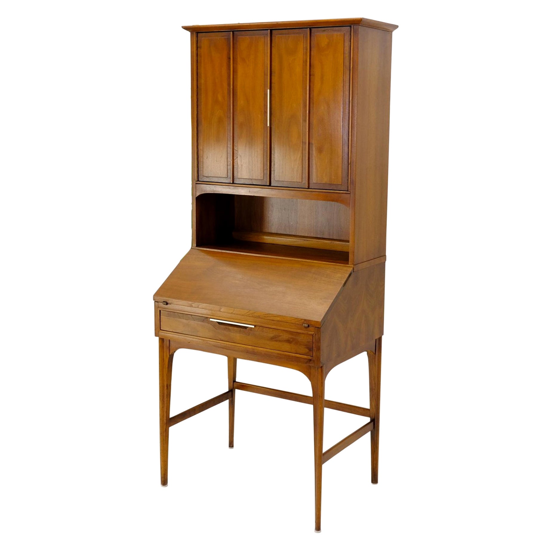 Tall Walnut Mid-Century Modern Drop Front Secretary Desk Bookcase
