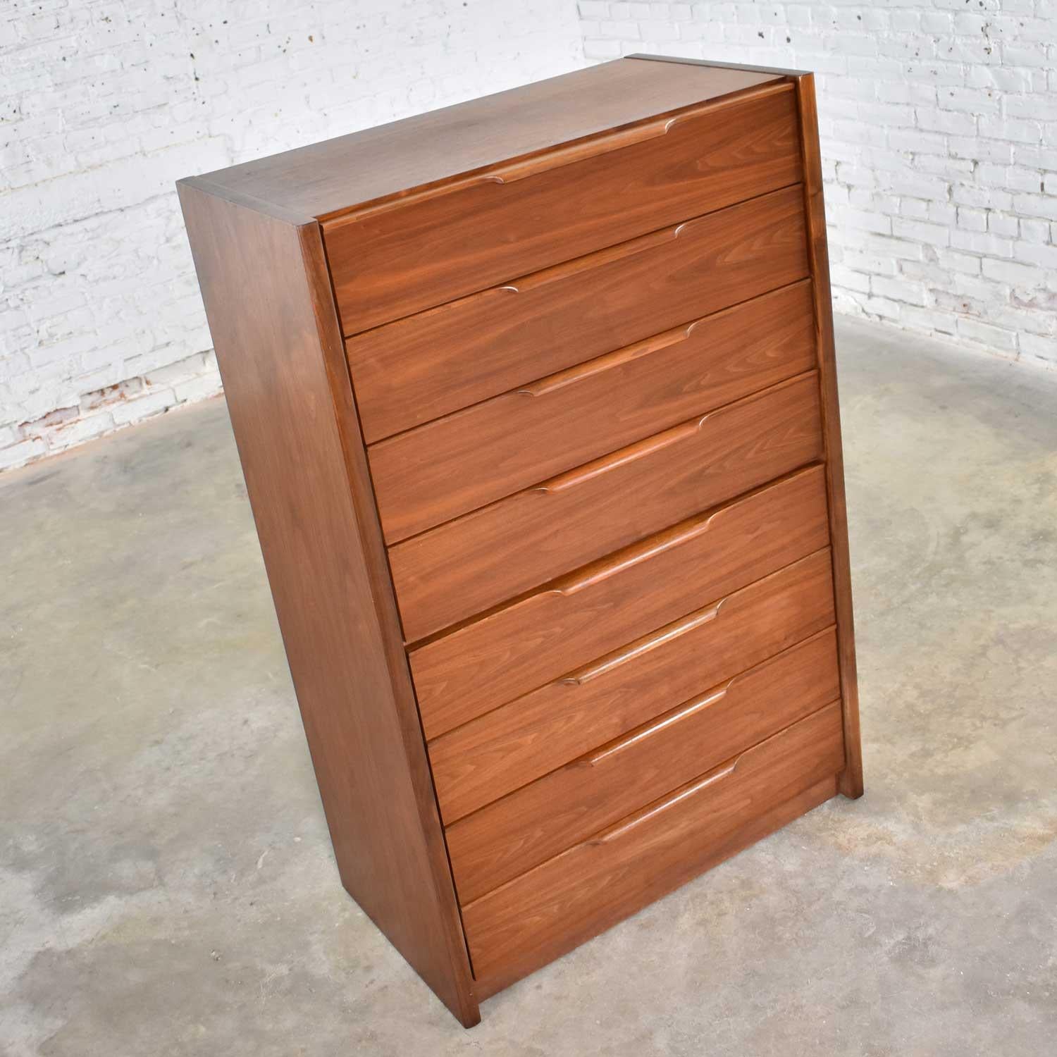 American Tall Walnut Scandinavian Modern Style Chest of Drawers by Barzilay Furniture Mfg