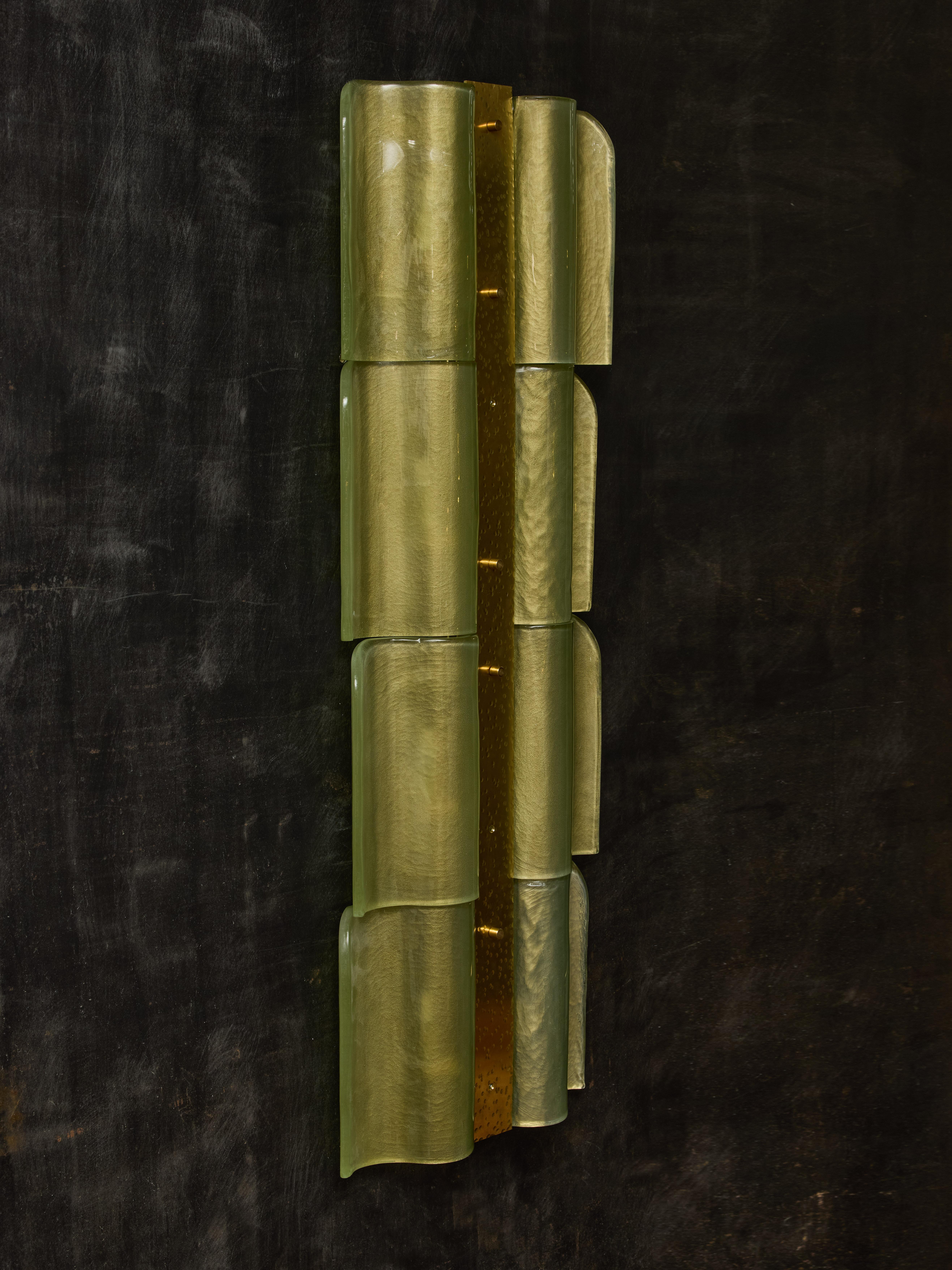 Italian Tall Wavy Brass and Green Murano Glass Wall Sconces For Sale