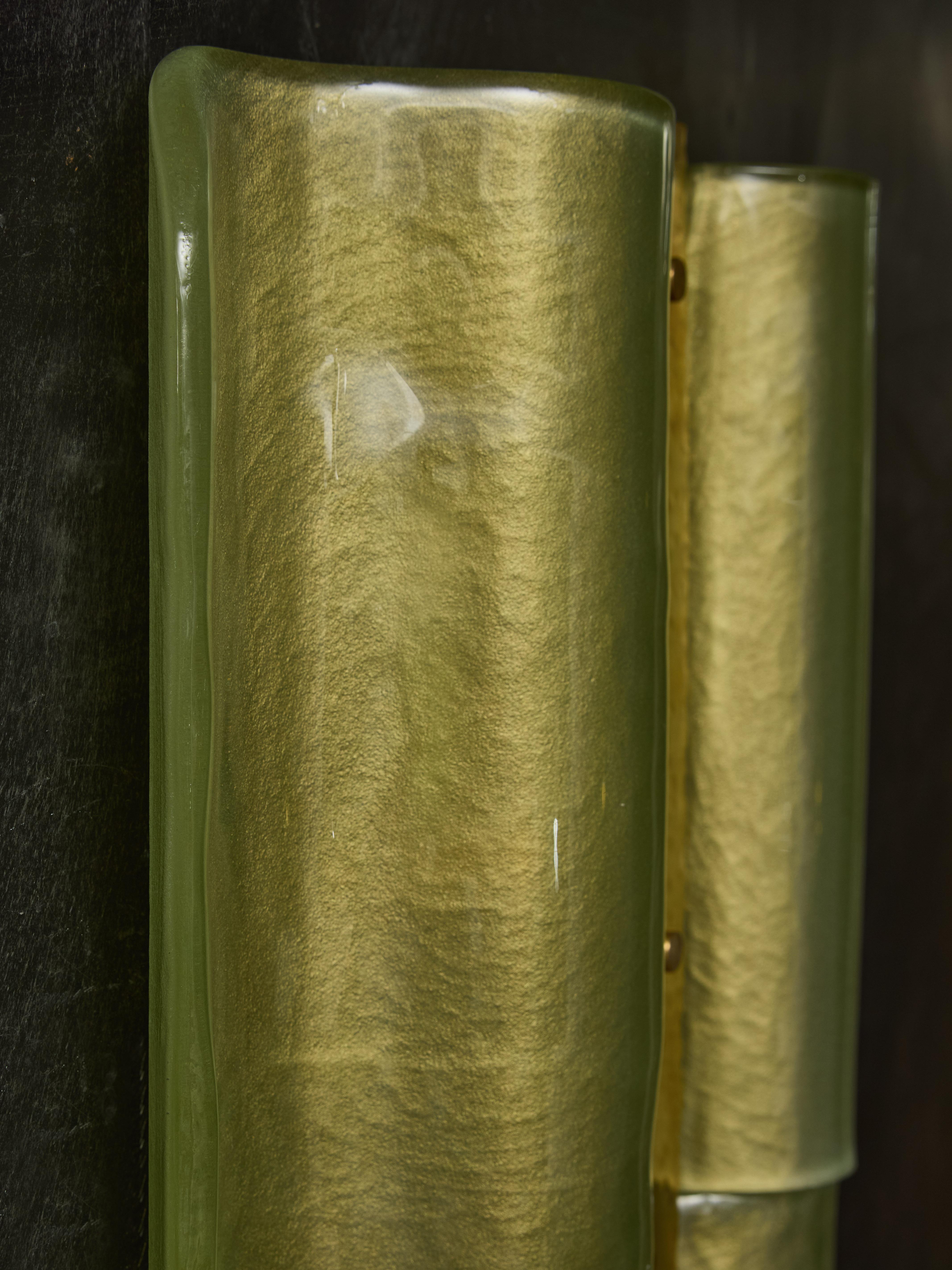 Contemporary Tall Wavy Brass and Green Murano Glass Wall Sconces For Sale