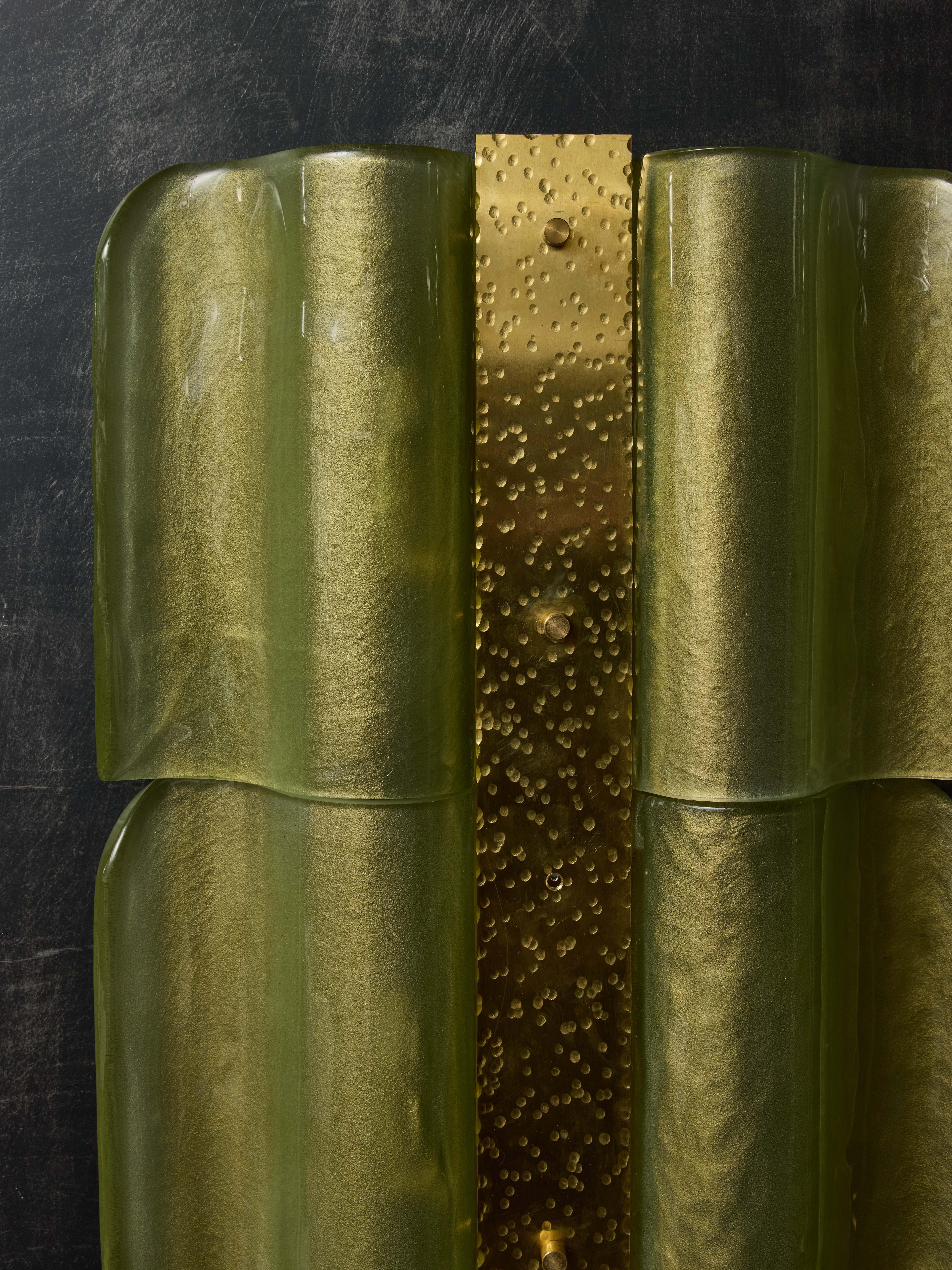 Tall Wavy Brass and Green Murano Glass Wall Sconces For Sale 1