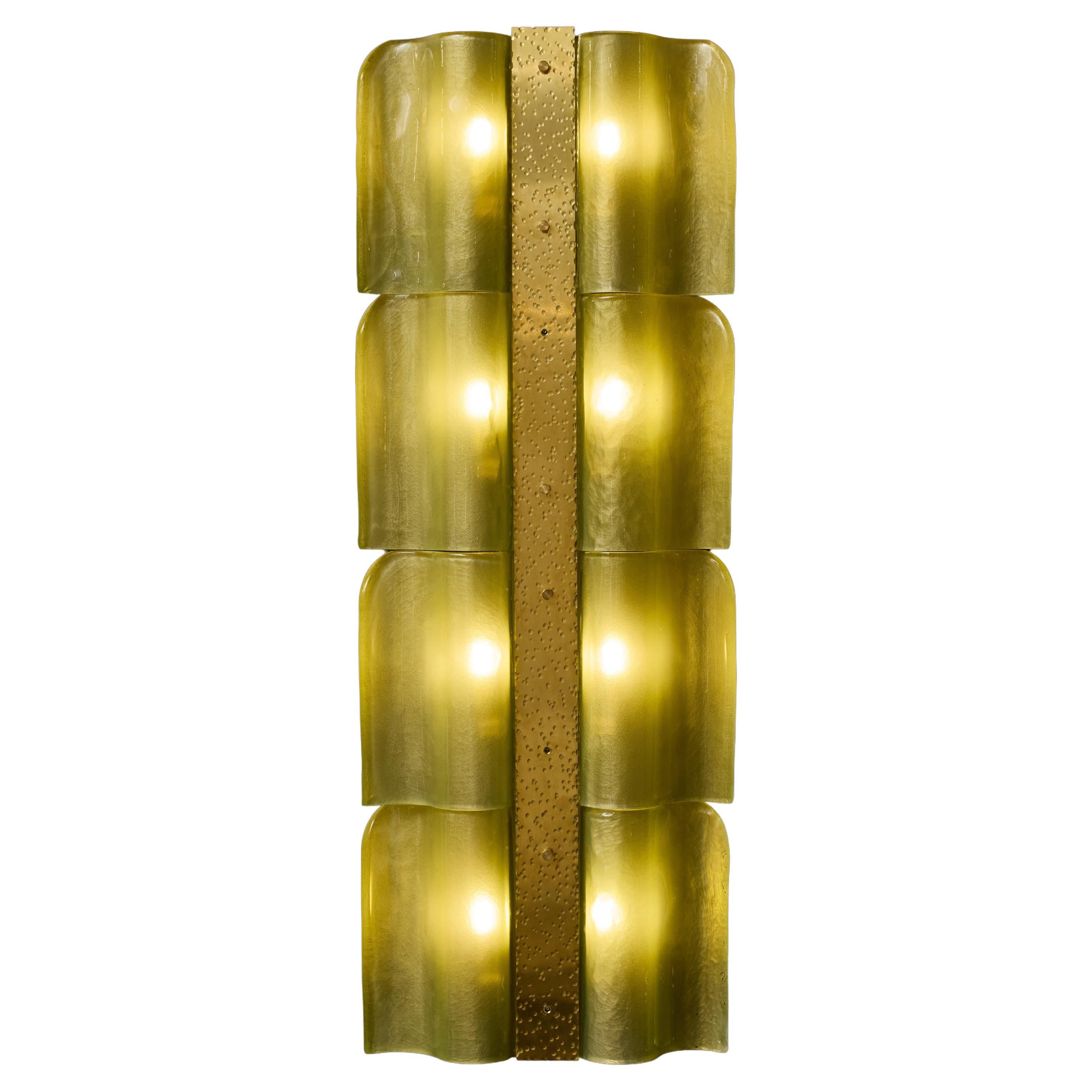 Tall Wavy Brass and Green Murano Glass Wall Sconces For Sale