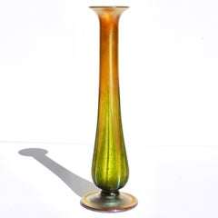 Tall Wheel Carved Decorated Tiffany Studios Gold and Green Favrile Vase