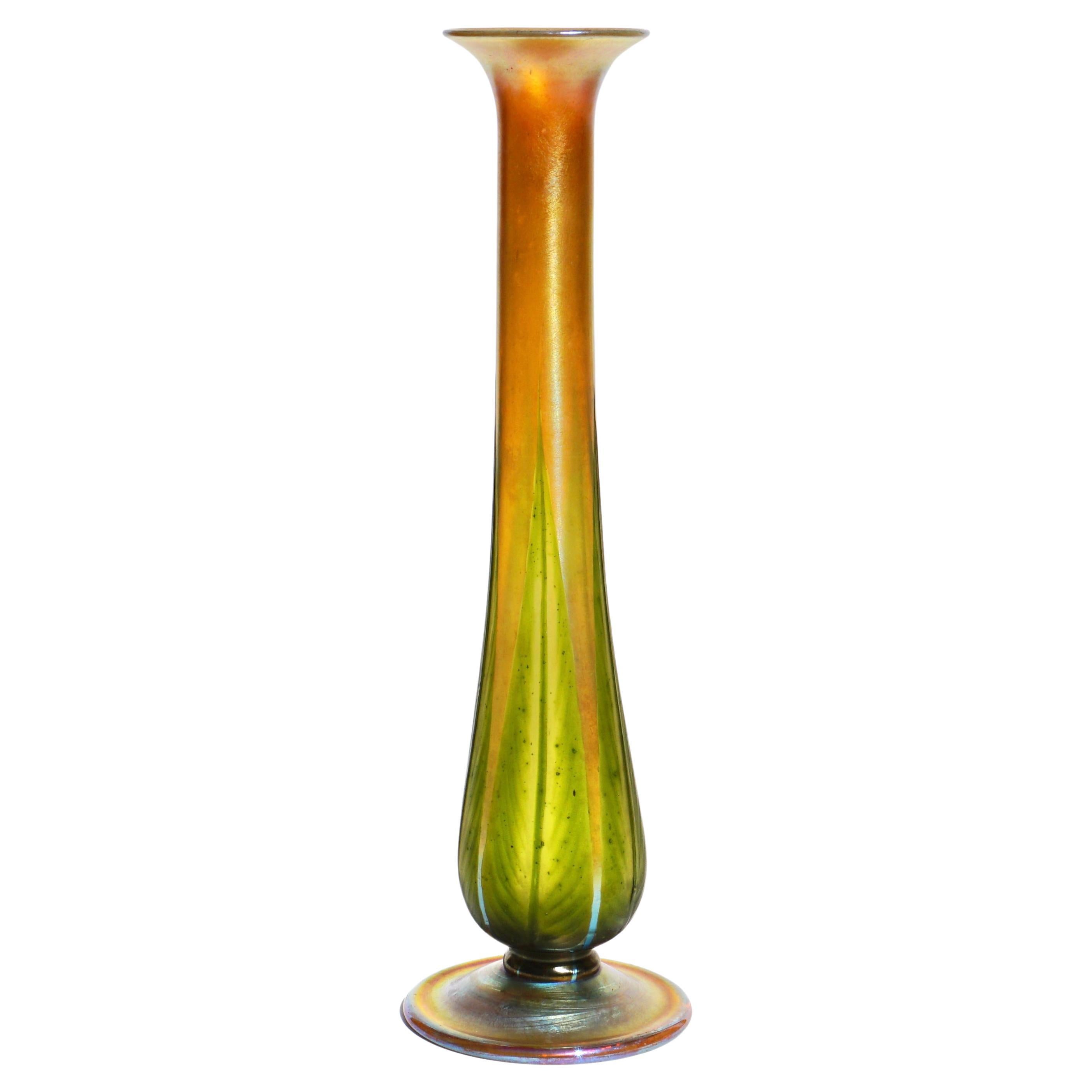 Tall Wheel Carved Decorated Tiffany Studios Gold and Green Favrile Vase For Sale