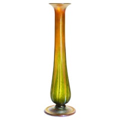 Tall Wheel Carved Decorated Tiffany Studios Gold and Green Favrile Vase