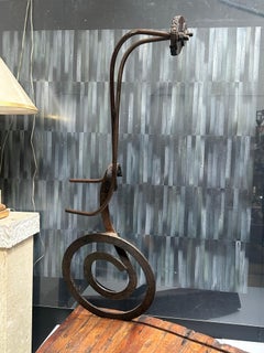 Tall Whimsical Welded Steel Sculpture on Wood Base 1987