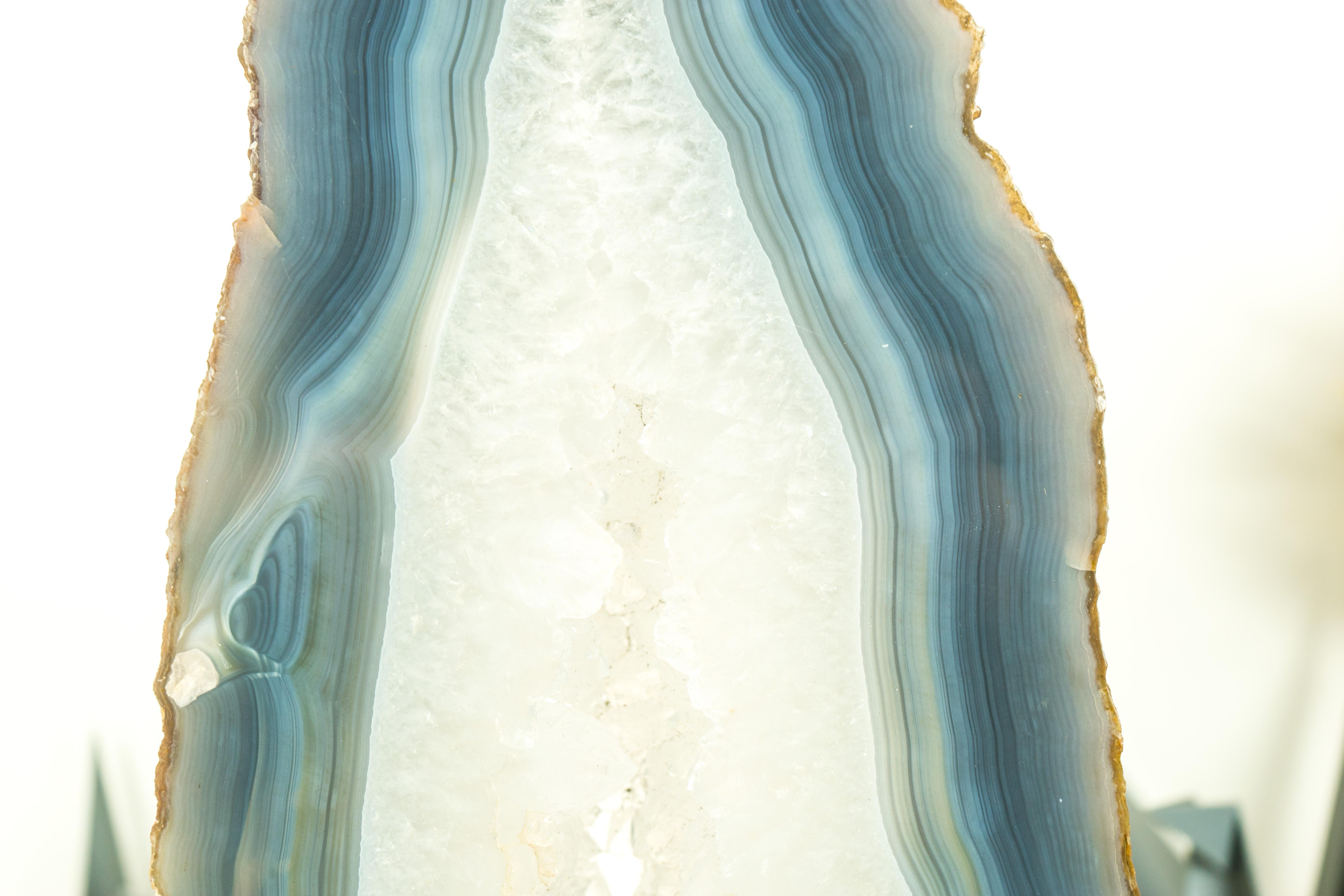 Contemporary Tall White and Blue Lace Agate Geode Slice, All-Natural & Doube-Sided  For Sale