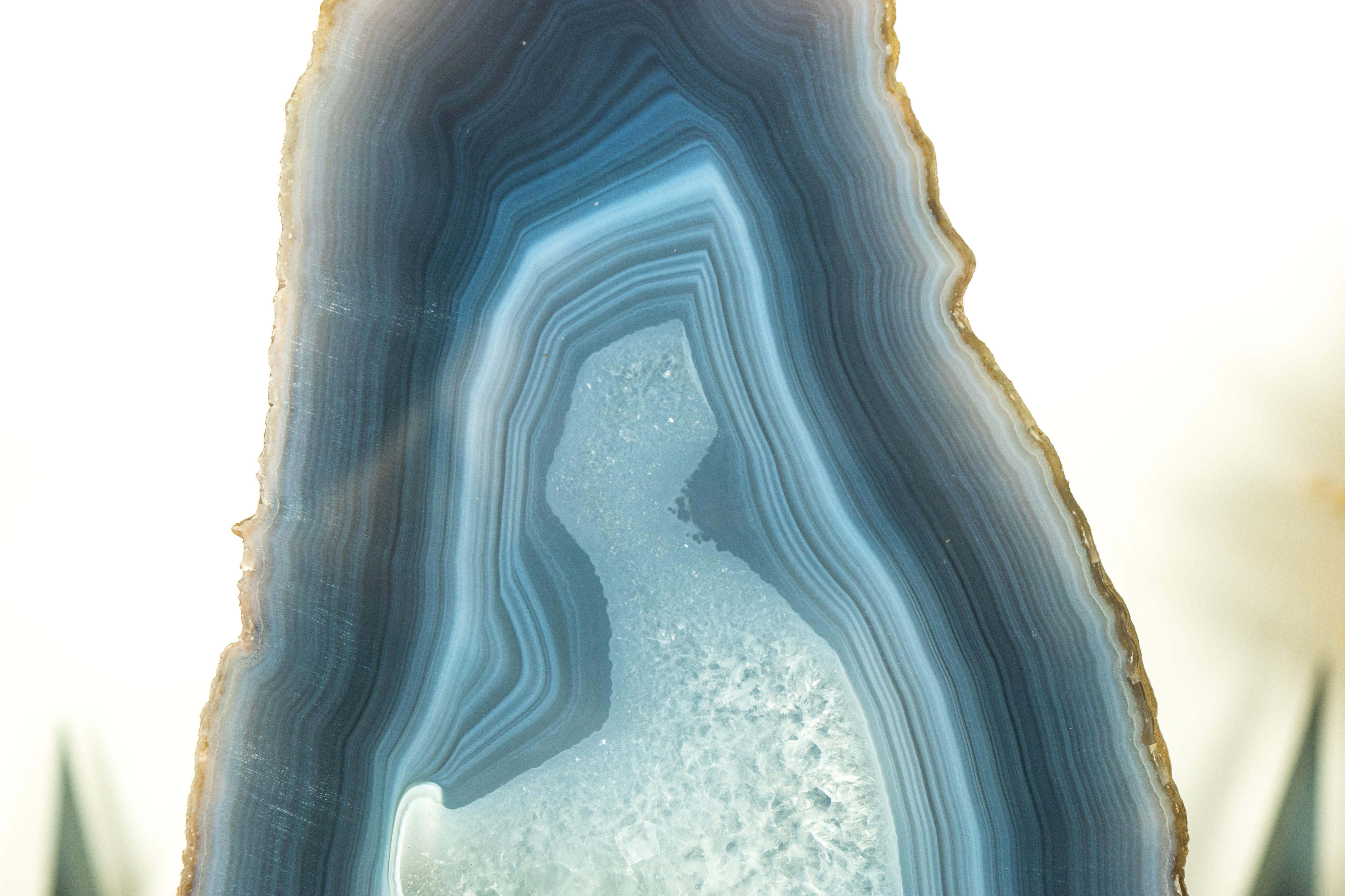 Brazilian Tall White and Blue Lace Agate Geode Slice, All-Natural For Sale