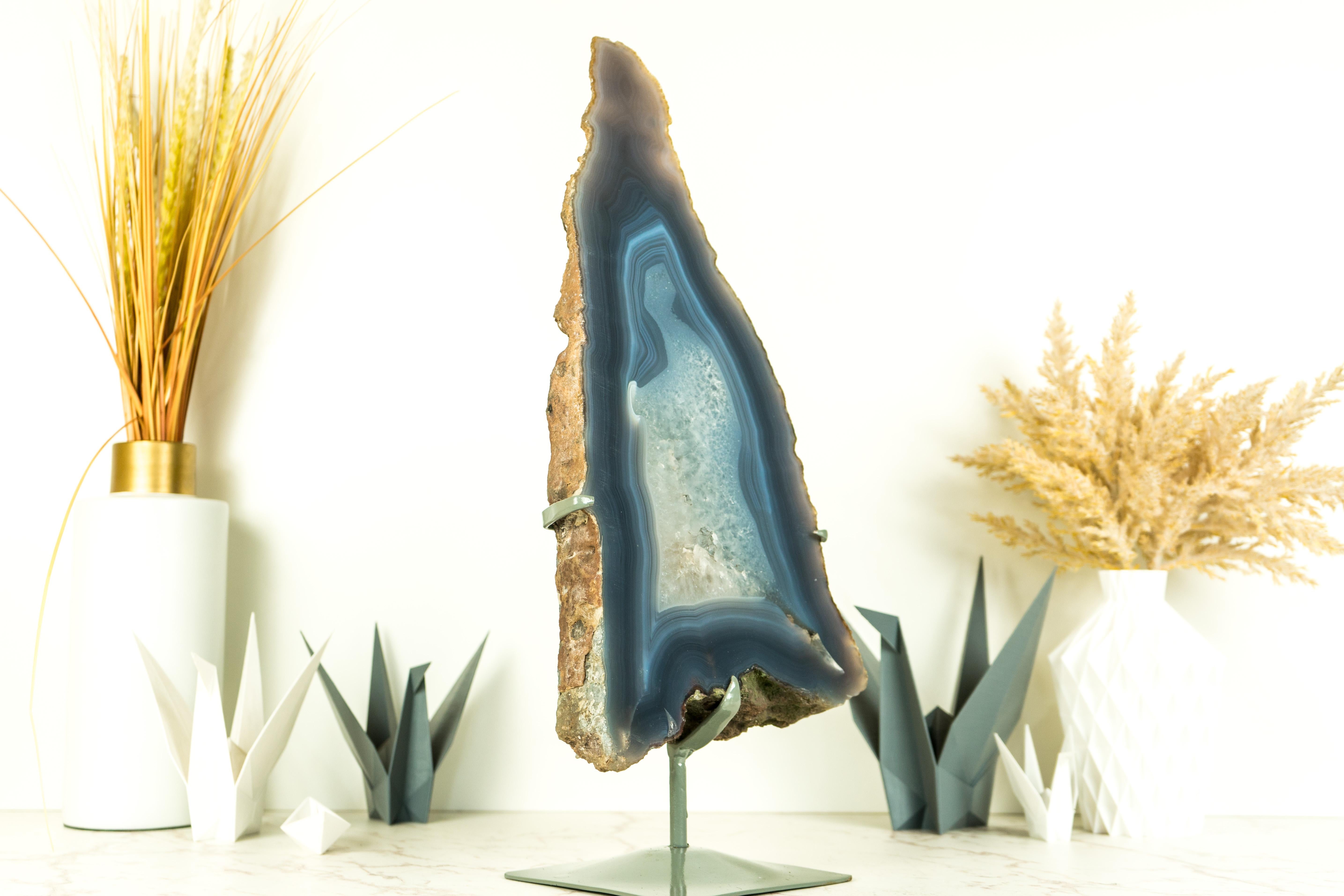 Contemporary Tall White and Blue Lace Agate Geode Slice, All-Natural For Sale