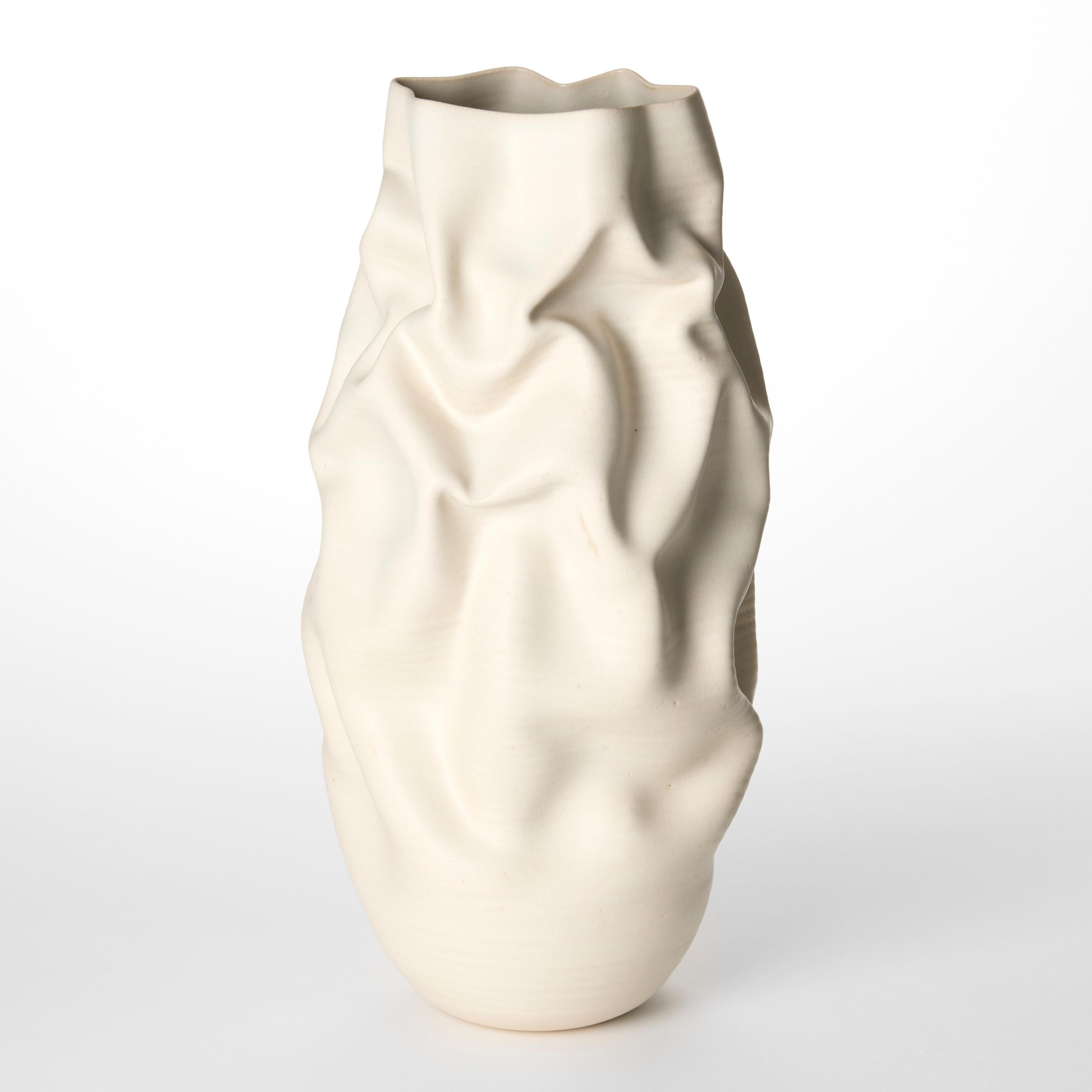 Organic Modern Tall White Crumpled Form No 152, a creased vase by Nicholas Arroyave-Portela For Sale