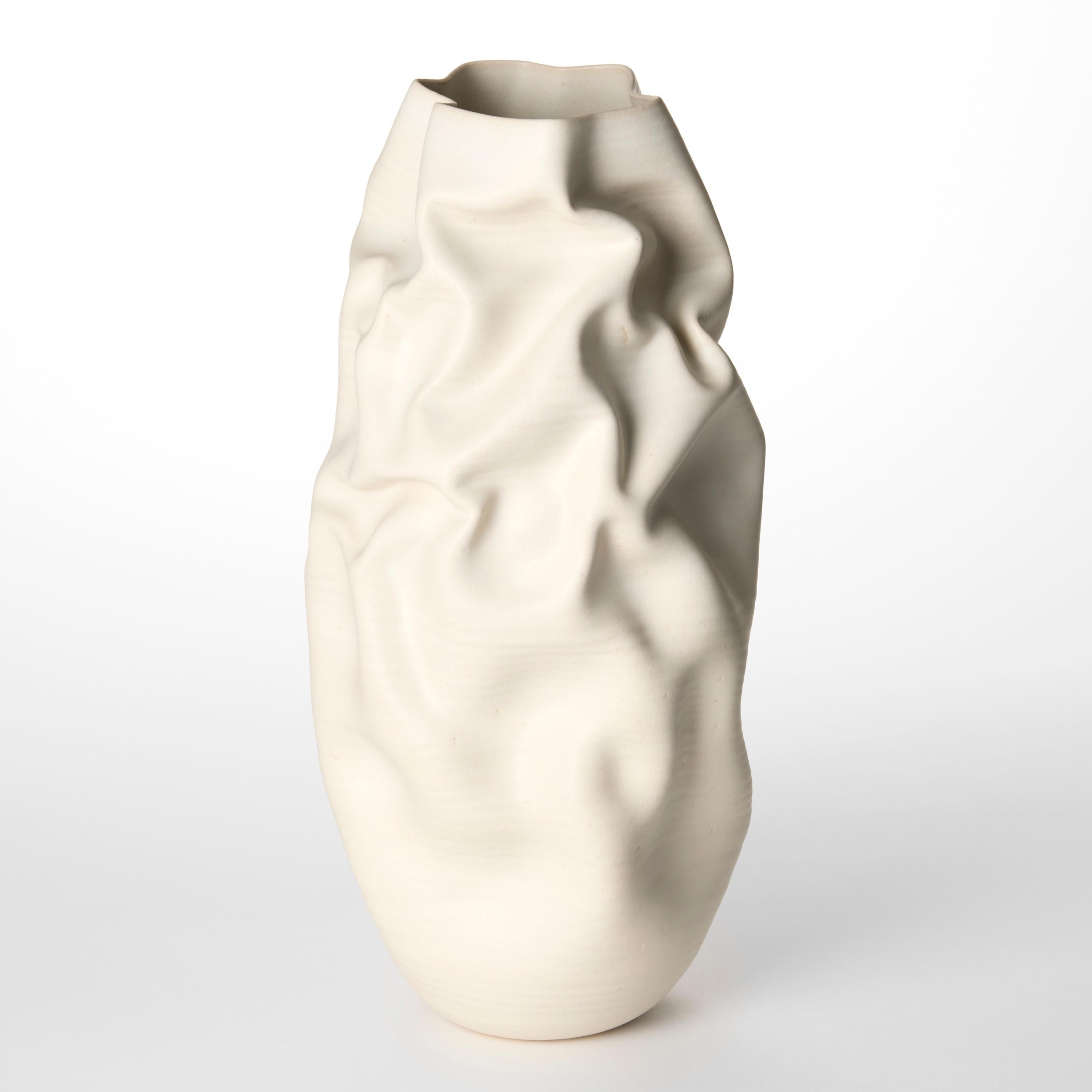 Spanish Tall White Crumpled Form No 152, a creased vase by Nicholas Arroyave-Portela For Sale