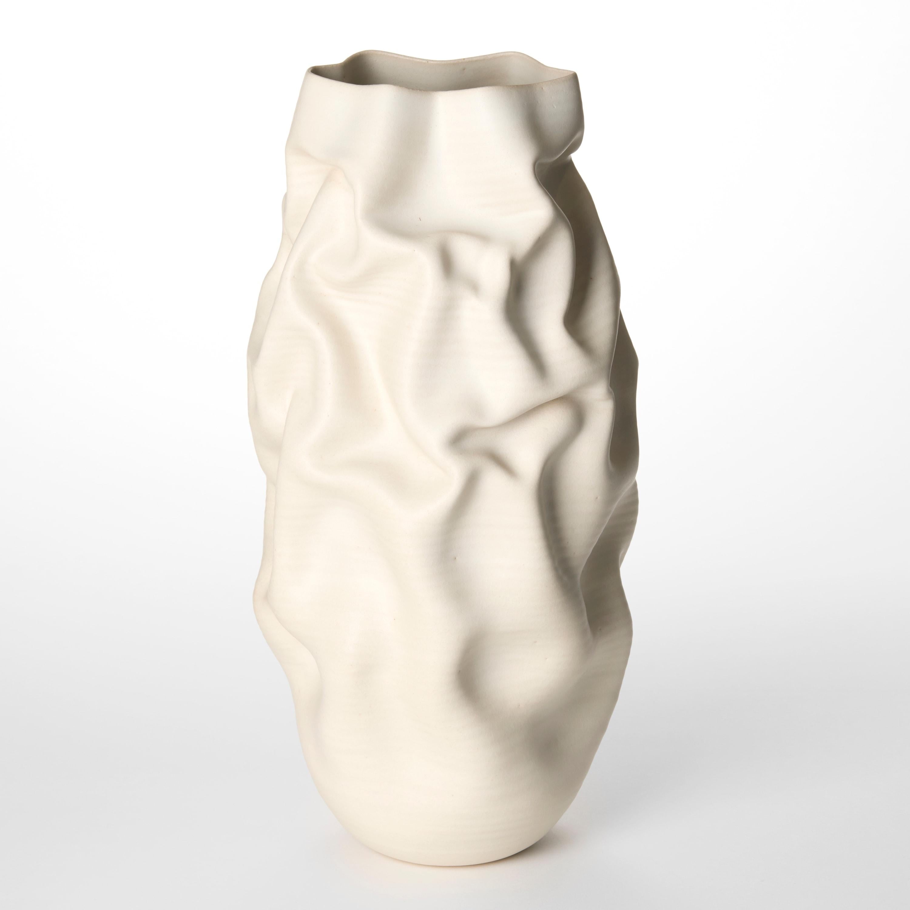 Hand-Crafted Tall White Crumpled Form No 152, a creased vase by Nicholas Arroyave-Portela For Sale