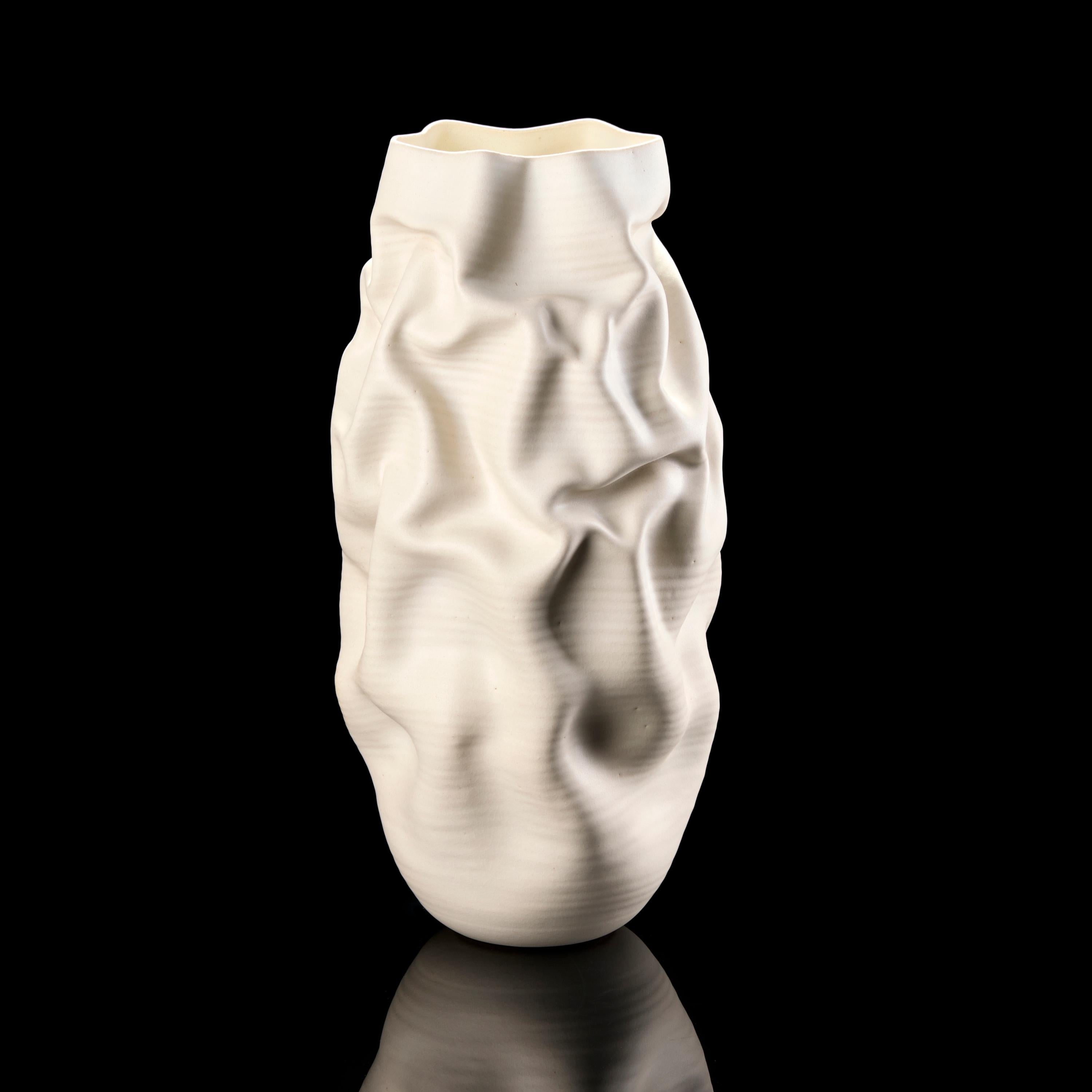 Ceramic Tall White Crumpled Form No 152, a creased vase by Nicholas Arroyave-Portela For Sale