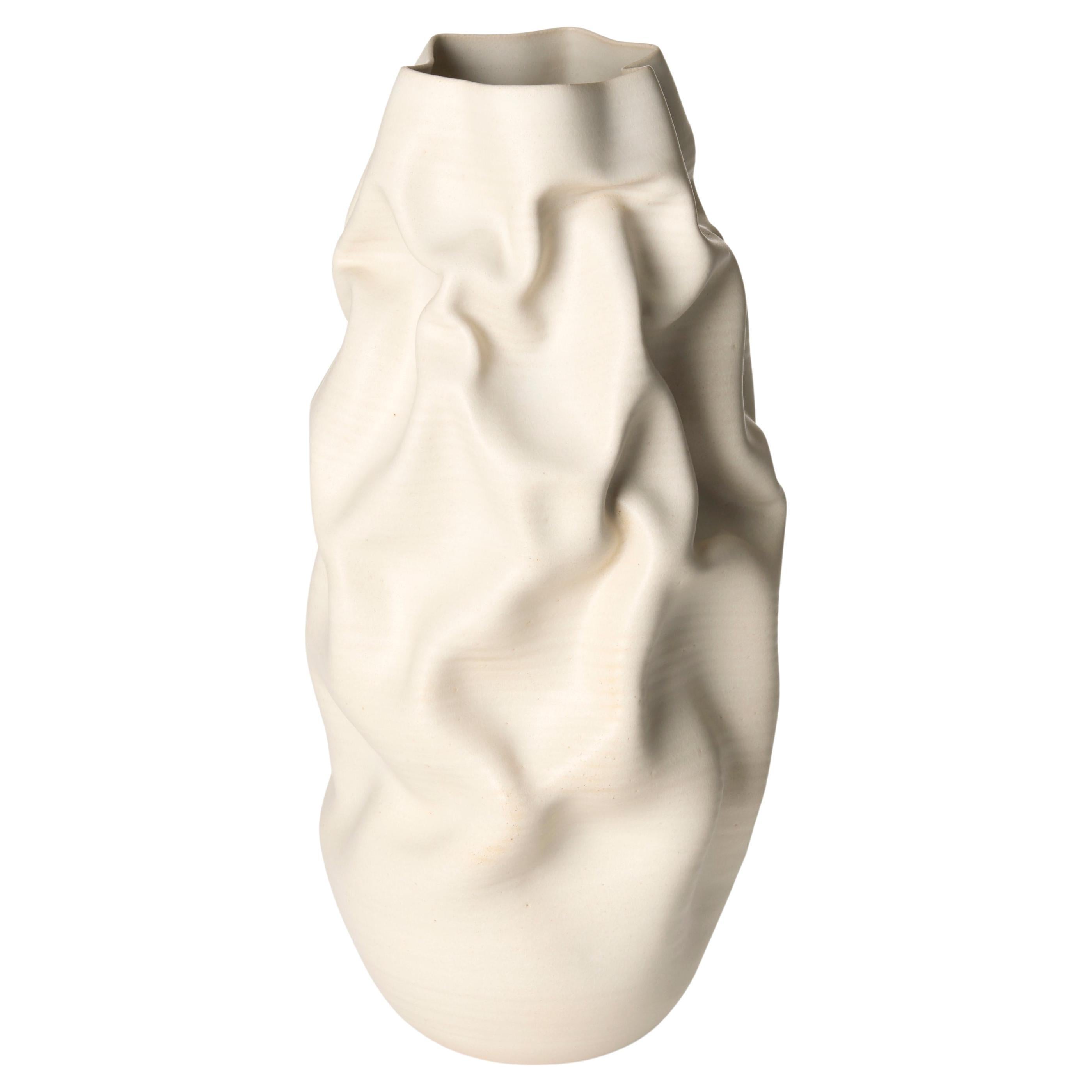 Tall White Crumpled Form No 152, a creased vase by Nicholas Arroyave-Portela For Sale