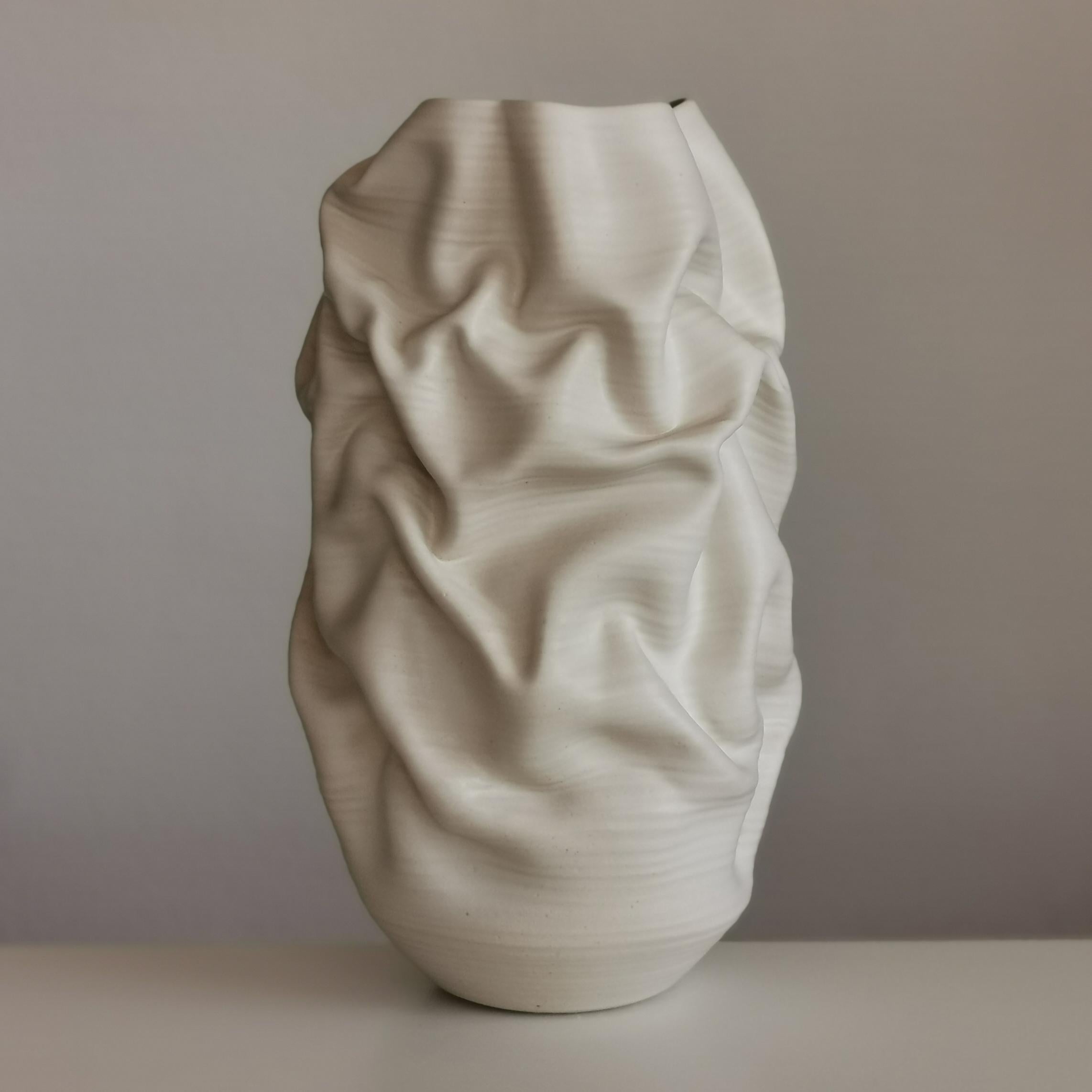 Tall White Crumpled Form No 31, Ceramic Vessel by Nicholas Arroyave-Portela 2