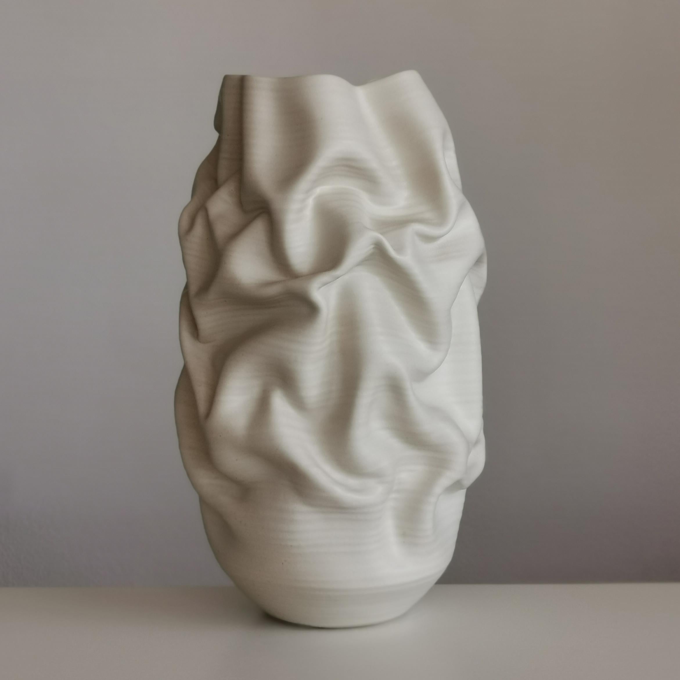 Tall White Crumpled Form No 31, Ceramic Vessel by Nicholas Arroyave-Portela 3