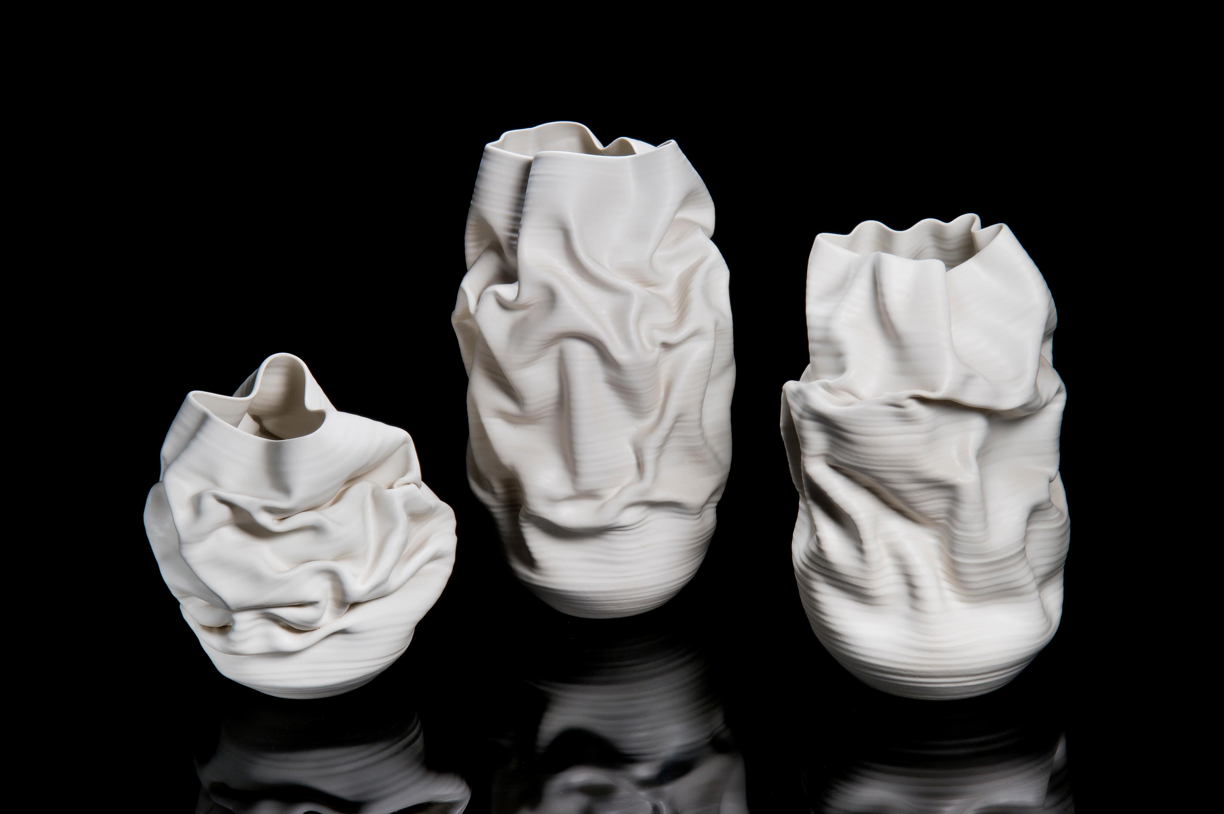Tall White Crumpled Form No 31, Ceramic Vessel by Nicholas Arroyave-Portela 4