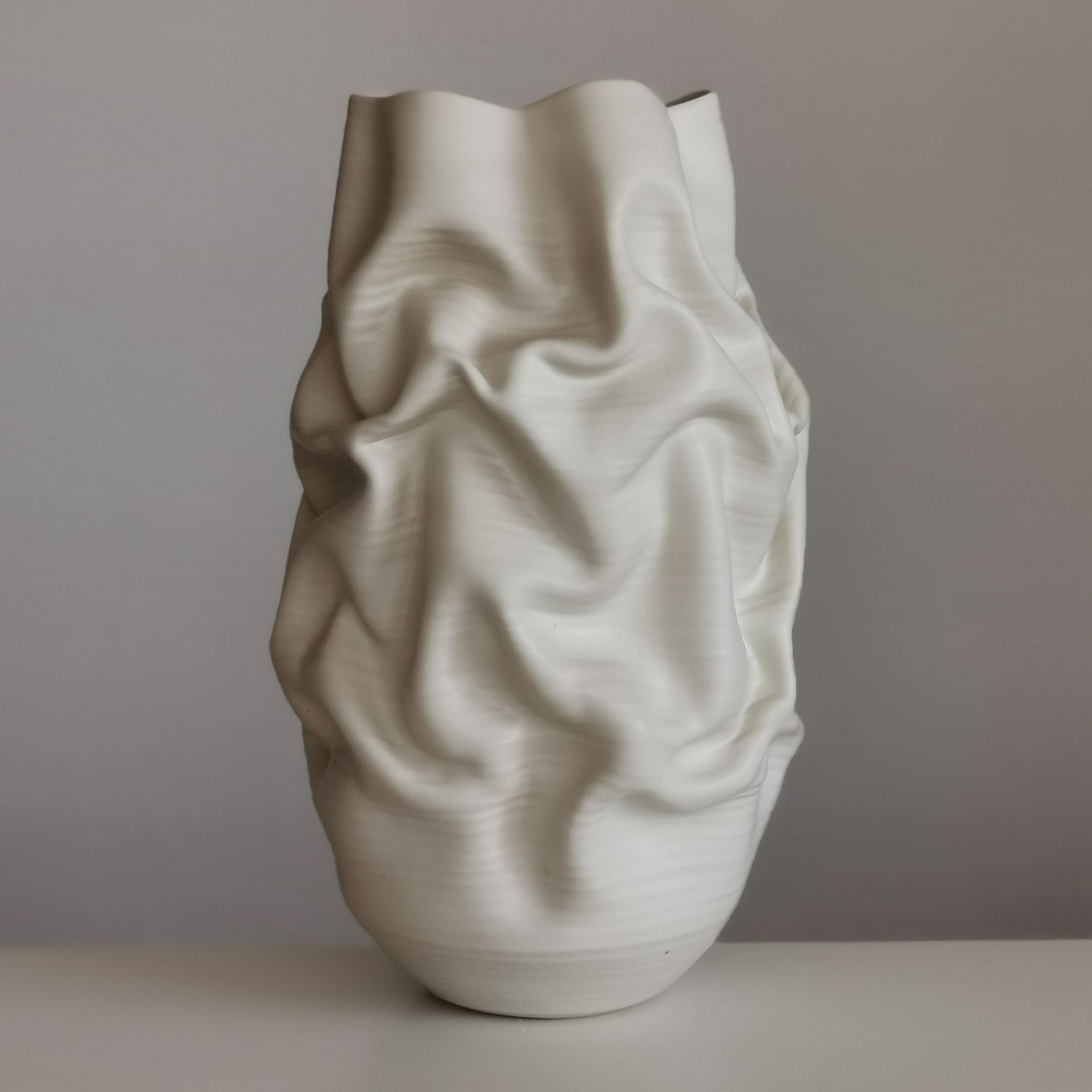 Organic Modern Tall White Crumpled Form No 31, Ceramic Vessel by Nicholas Arroyave-Portela
