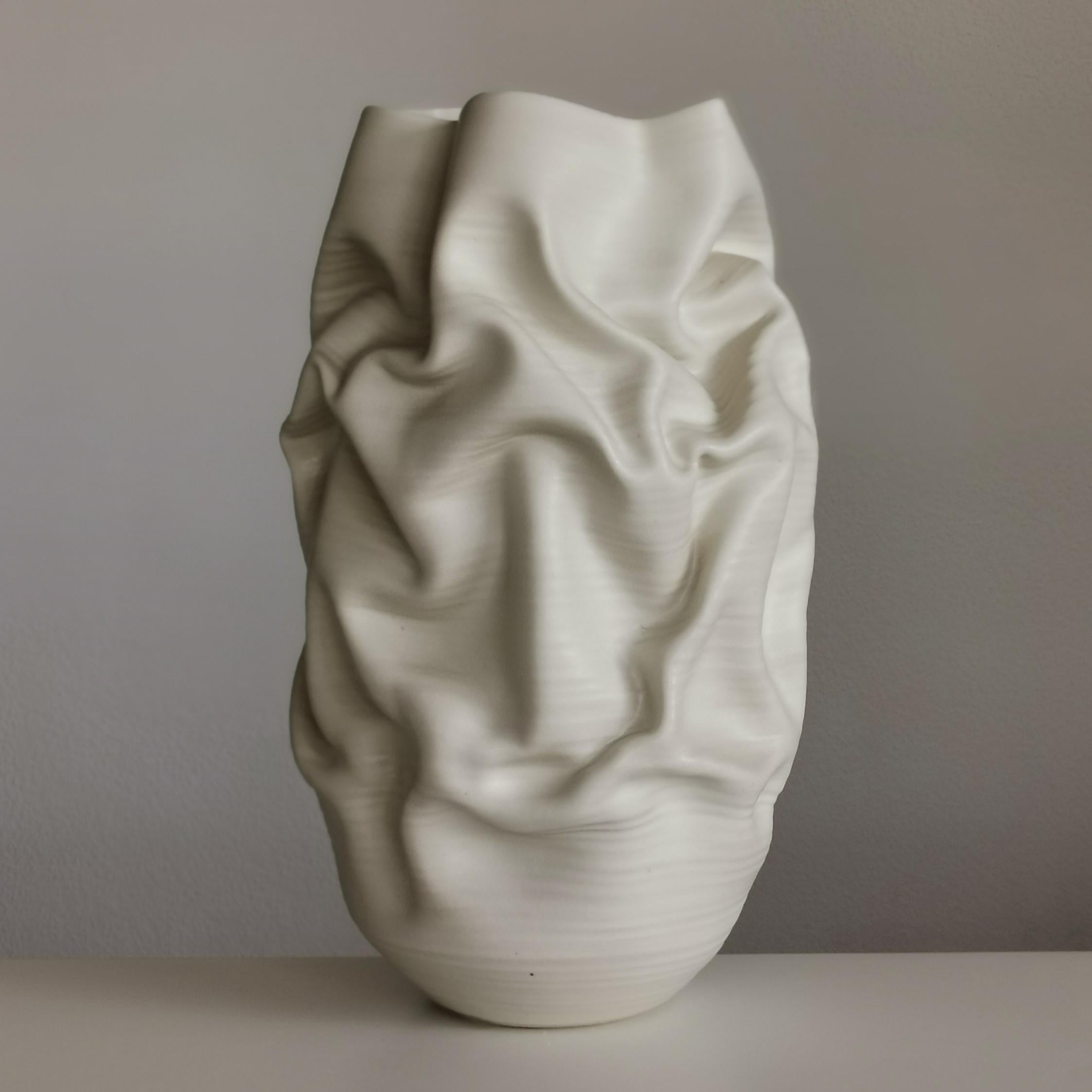 Spanish Tall White Crumpled Form No 31, Ceramic Vessel by Nicholas Arroyave-Portela