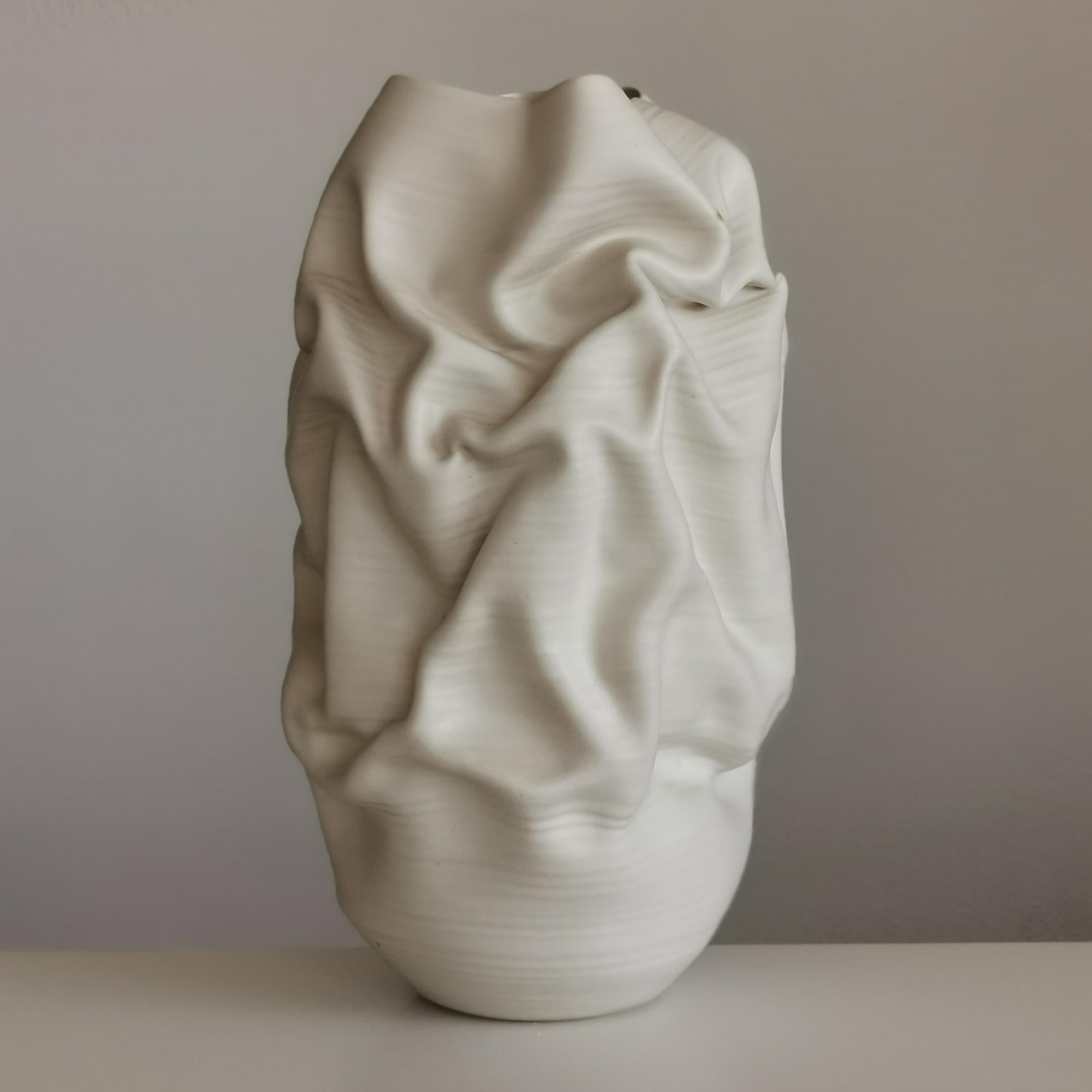 Hand-Crafted Tall White Crumpled Form No 31, Ceramic Vessel by Nicholas Arroyave-Portela