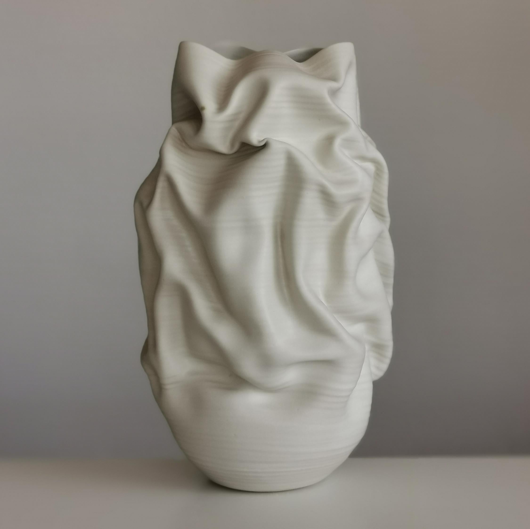 Contemporary Tall White Crumpled Form No 31, Ceramic Vessel by Nicholas Arroyave-Portela
