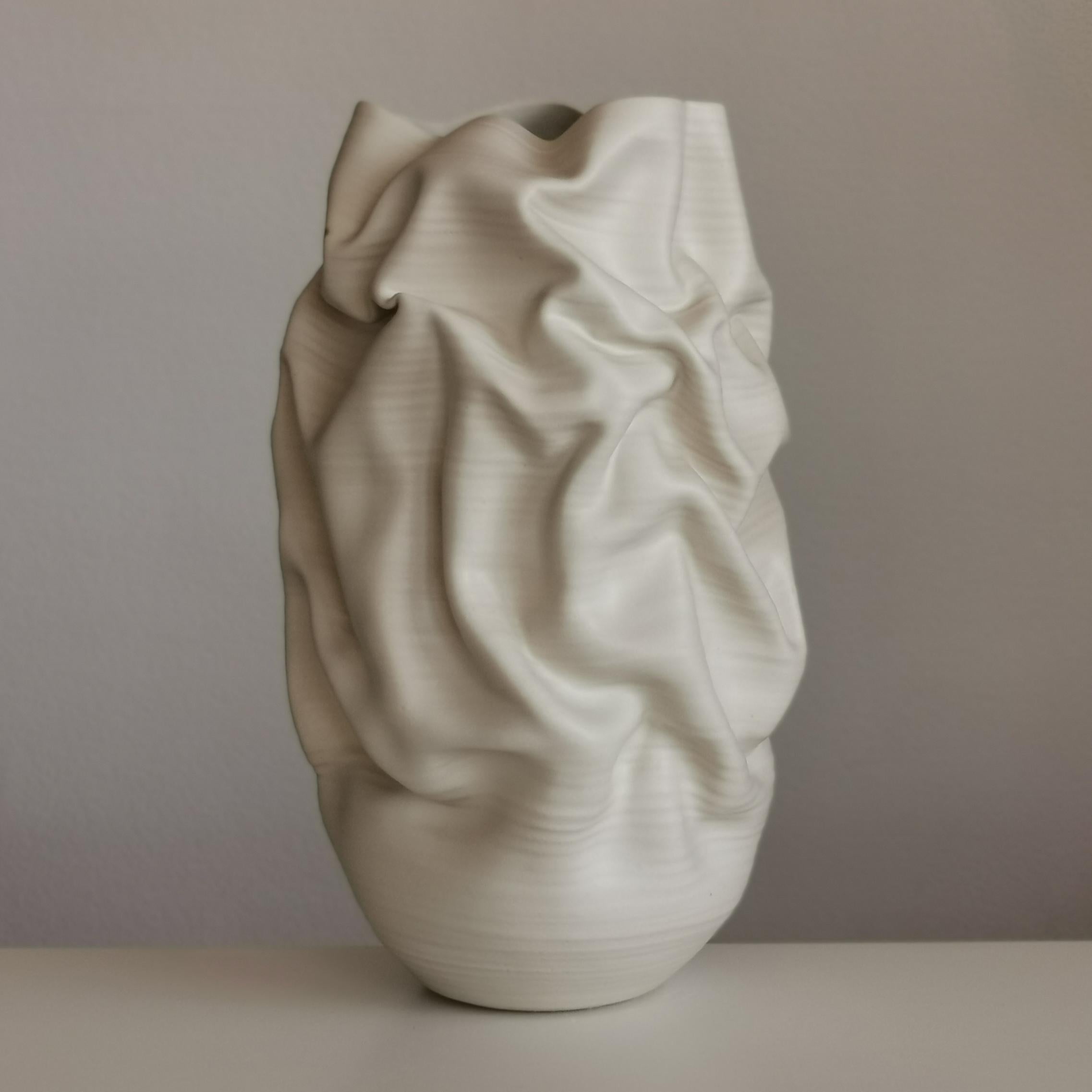 Stoneware Tall White Crumpled Form No 31, Ceramic Vessel by Nicholas Arroyave-Portela