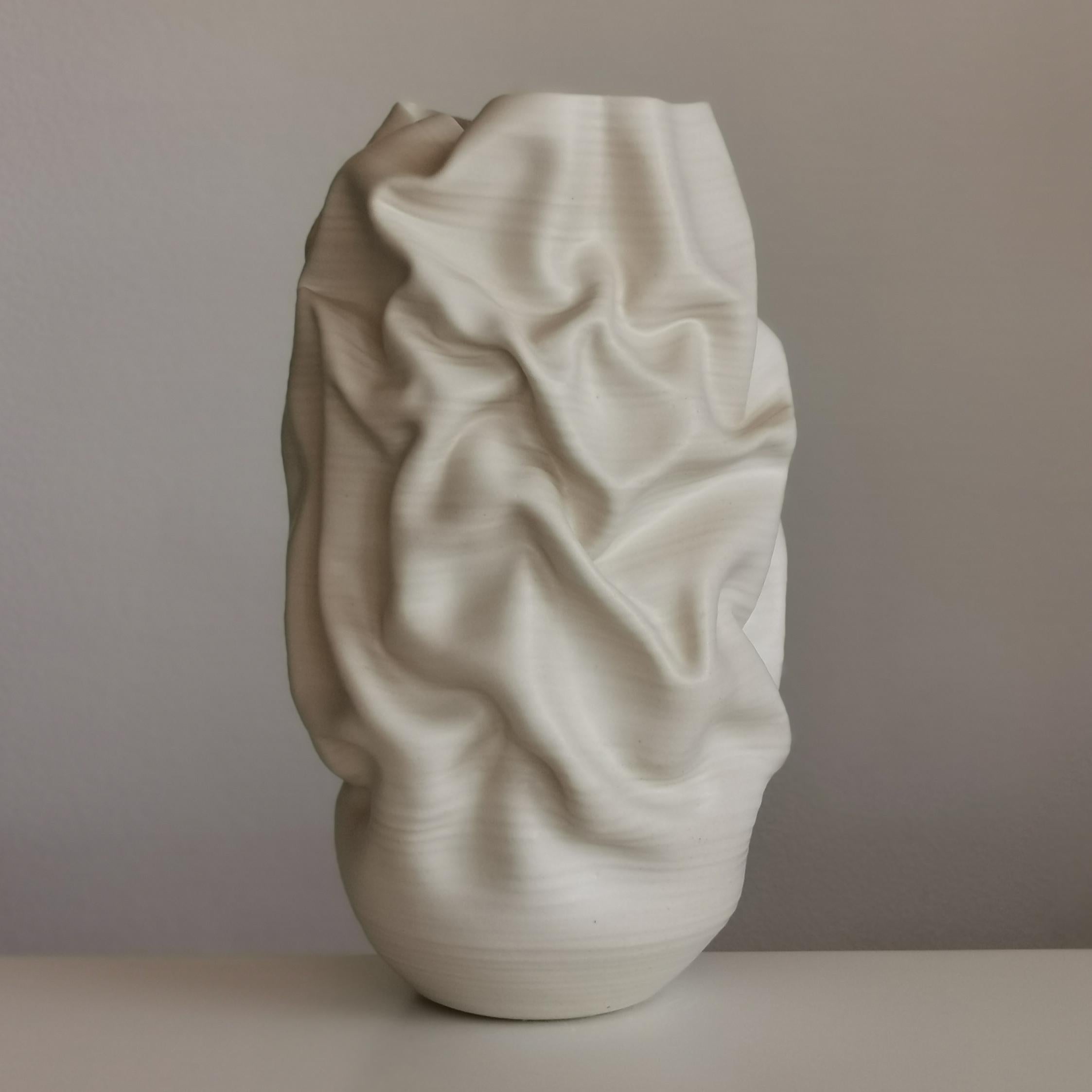 Tall White Crumpled Form No 31, Ceramic Vessel by Nicholas Arroyave-Portela 1