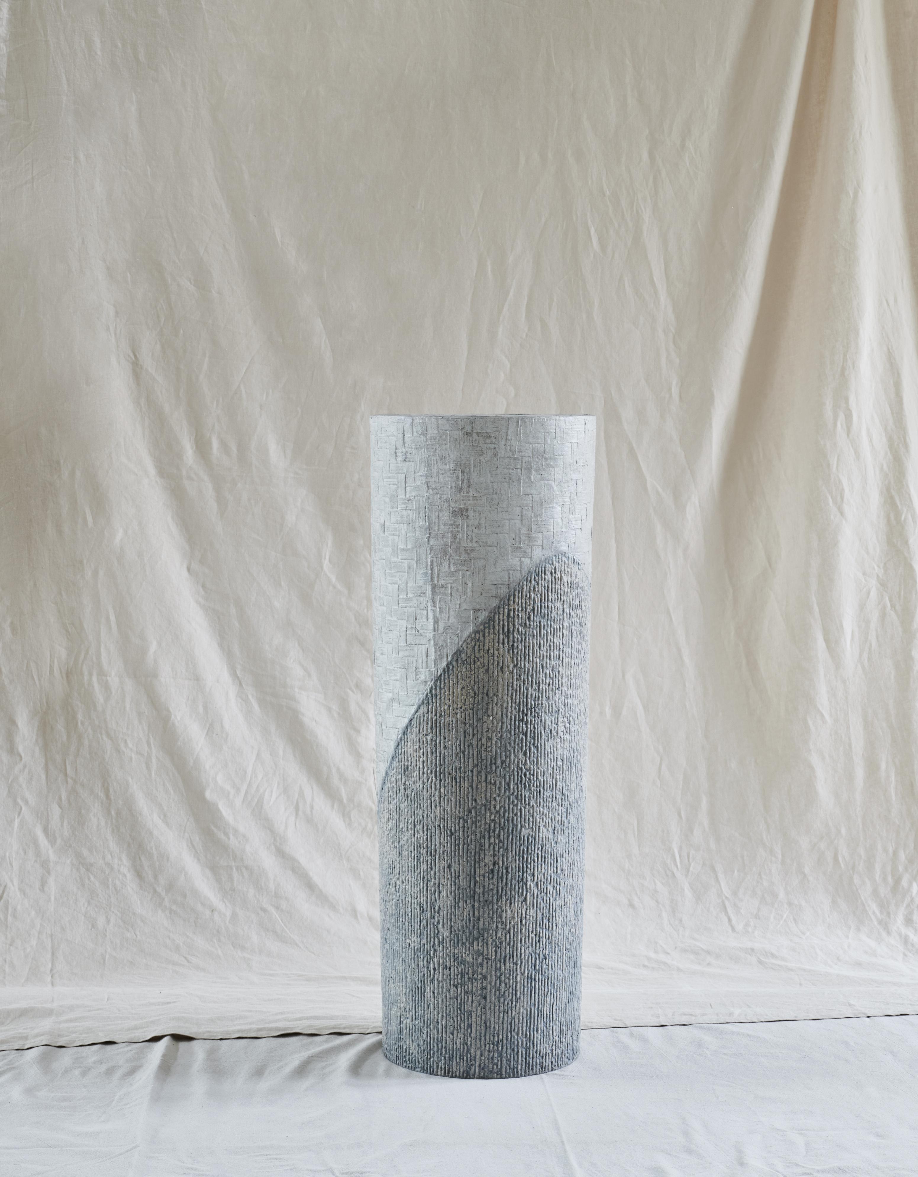 Cast Tall White & Gray Crushed Limestone & Paper Composite Vessel by Studio Laurence For Sale