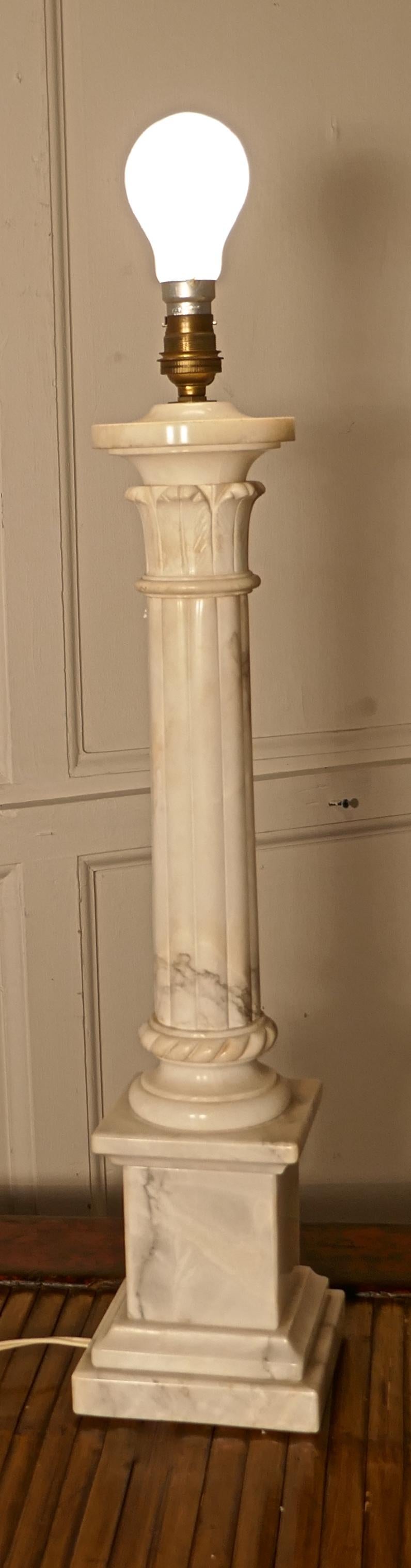 Classical Roman Large White Marble Corinthian Column Table Lamp For Sale