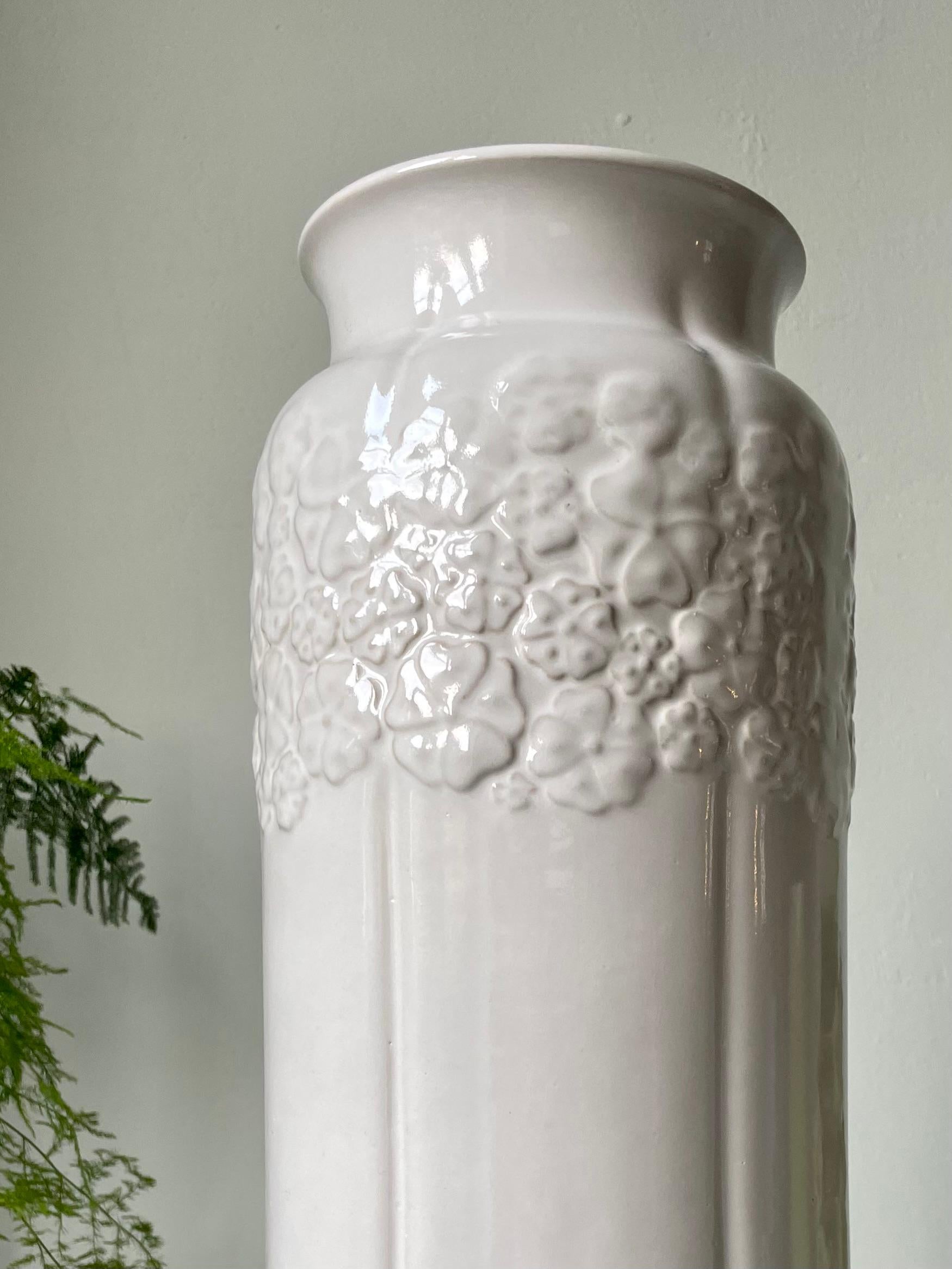 Hand-Crafted Bay Keramik Tall White Modernist Floor Vase With Organic Decor, 1970s For Sale