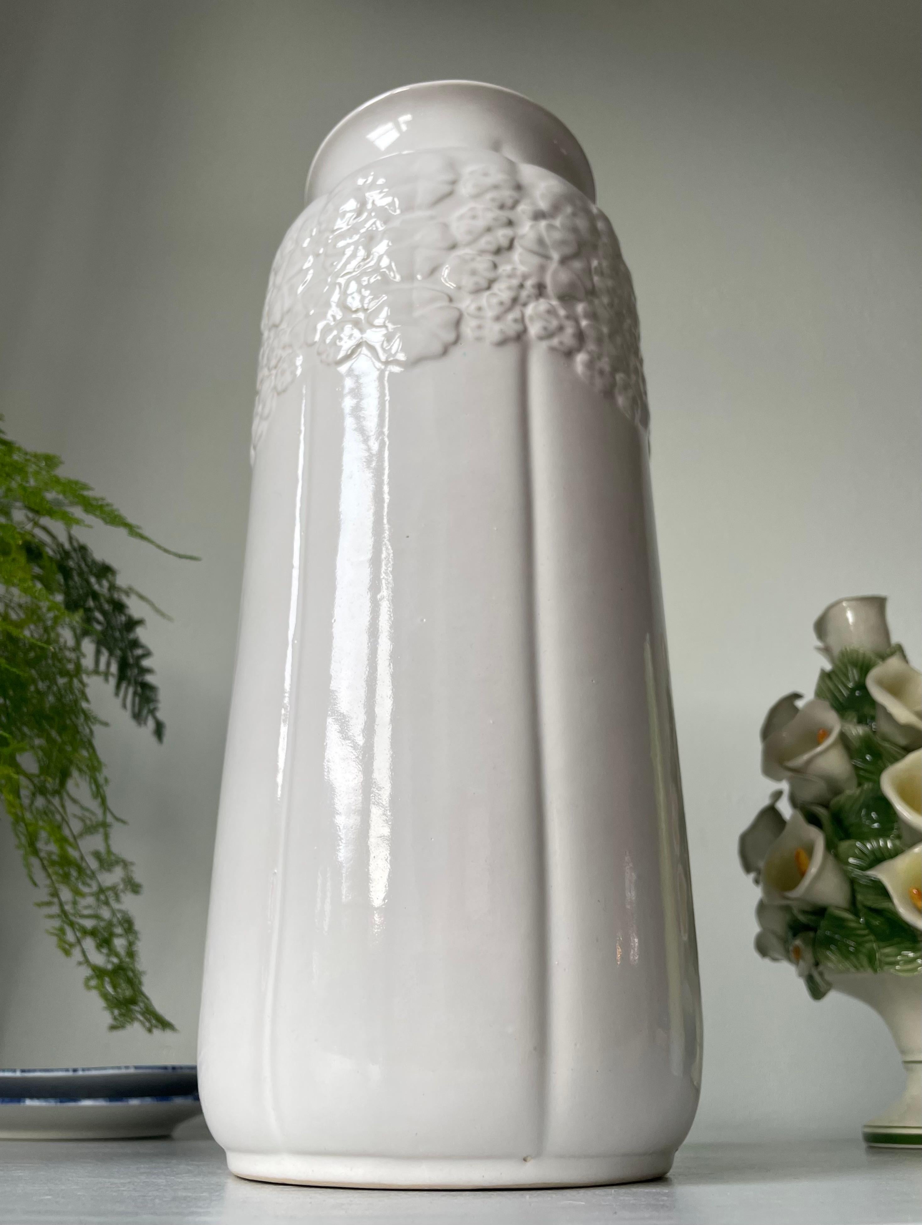20th Century Bay Keramik Tall White Modernist Floor Vase With Organic Decor, 1970s For Sale