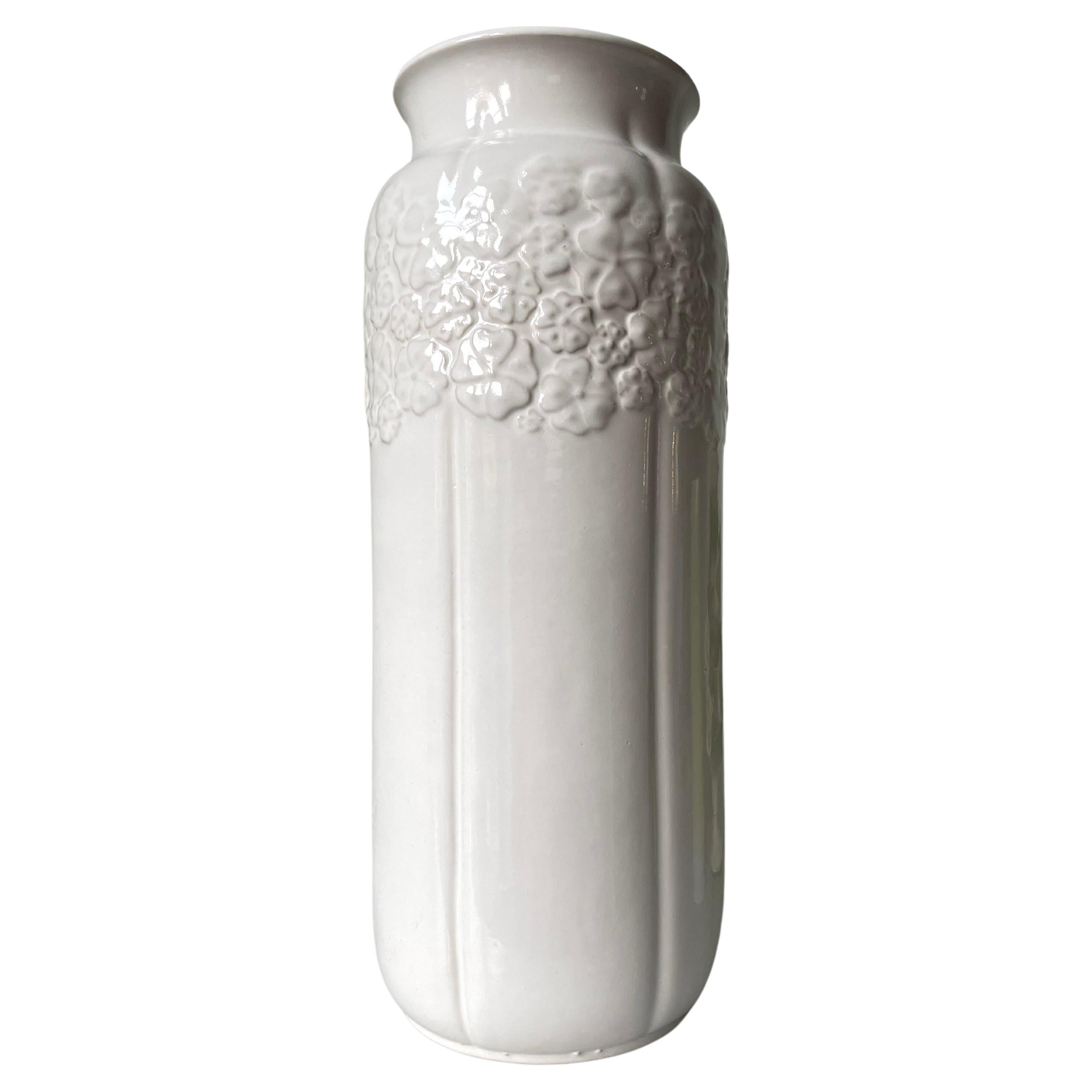 Bay Keramik Tall White Modernist Floor Vase With Organic Decor, 1970s For Sale